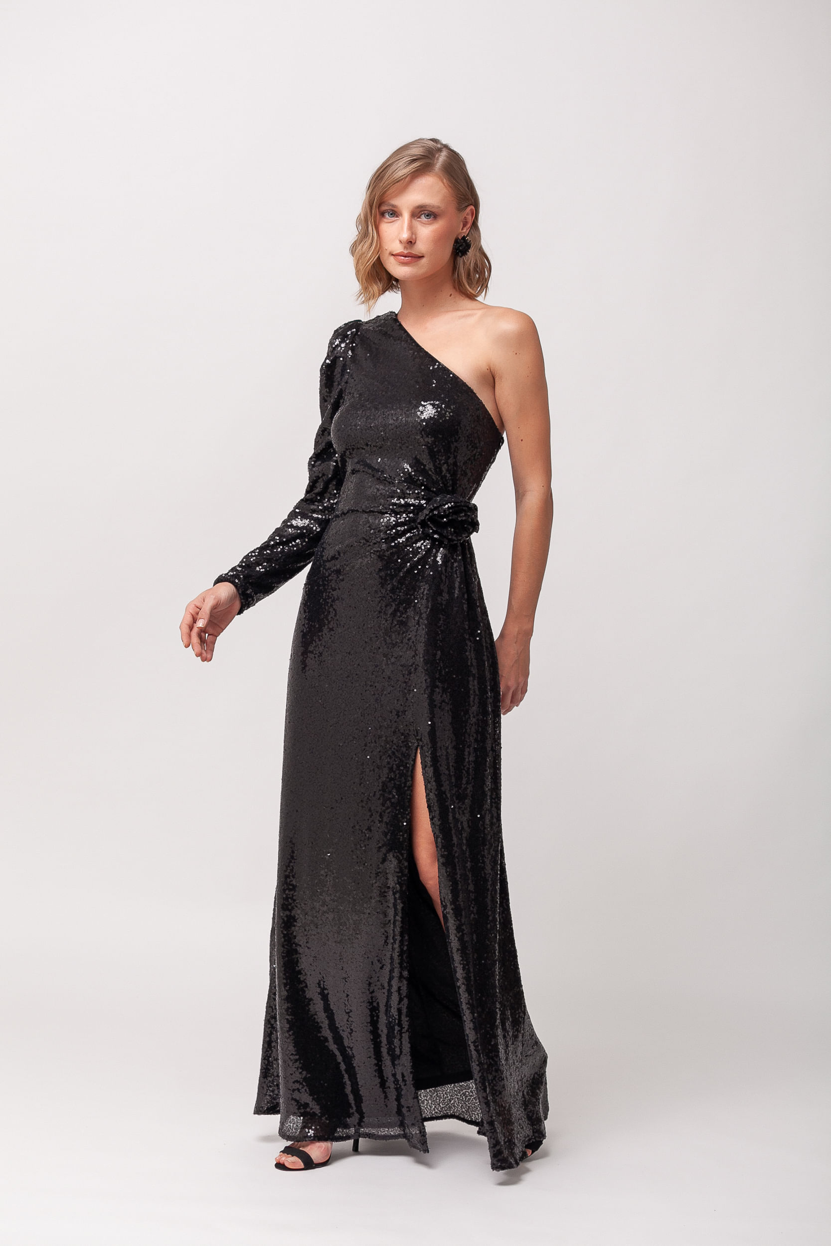 Vestido Festa Paetê Manga Só Longa PRETO