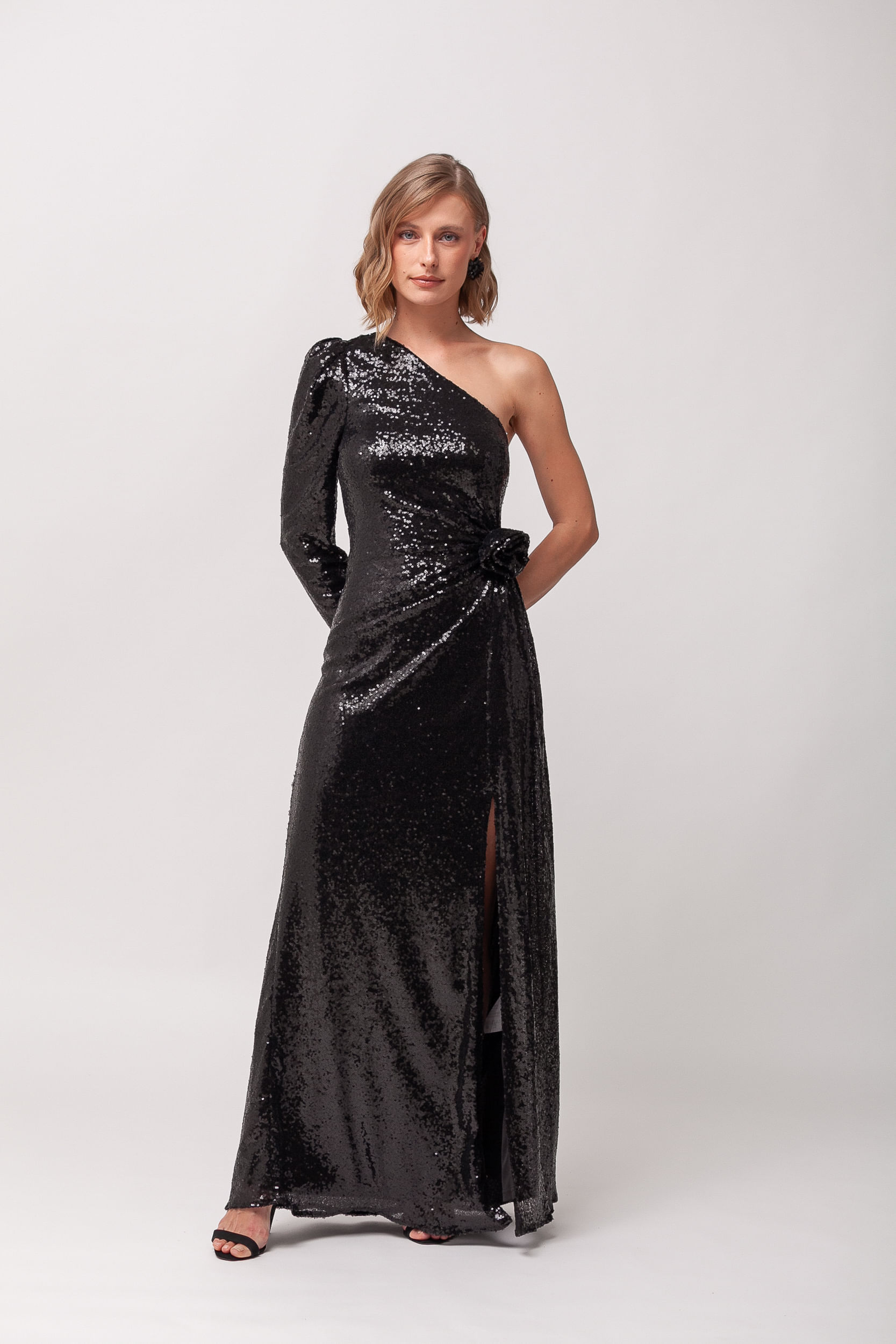 Vestido Festa Paetê Manga Só Longa PRETO