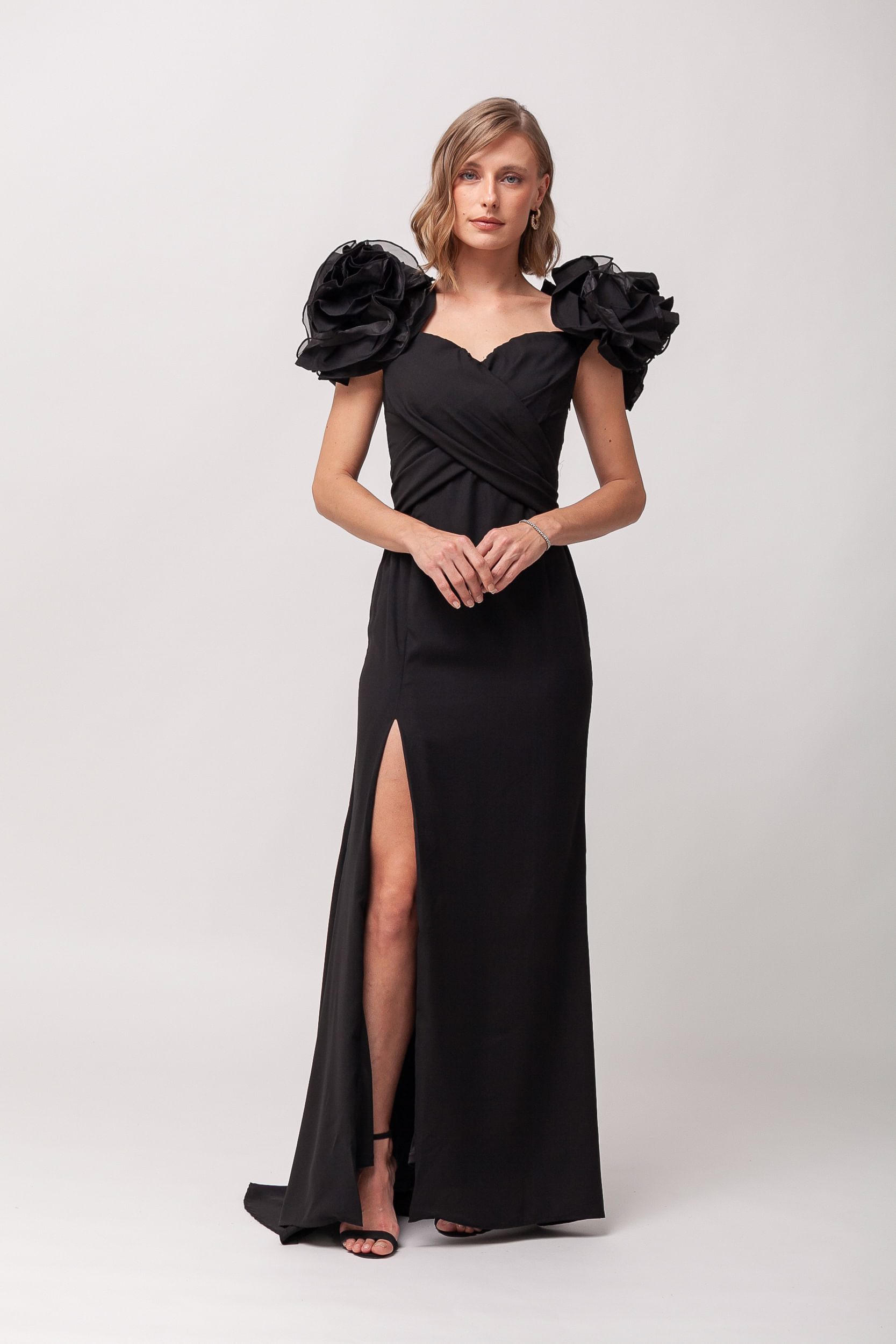 9035980 - Vestido Festa Manga Babados Fenda PRETO