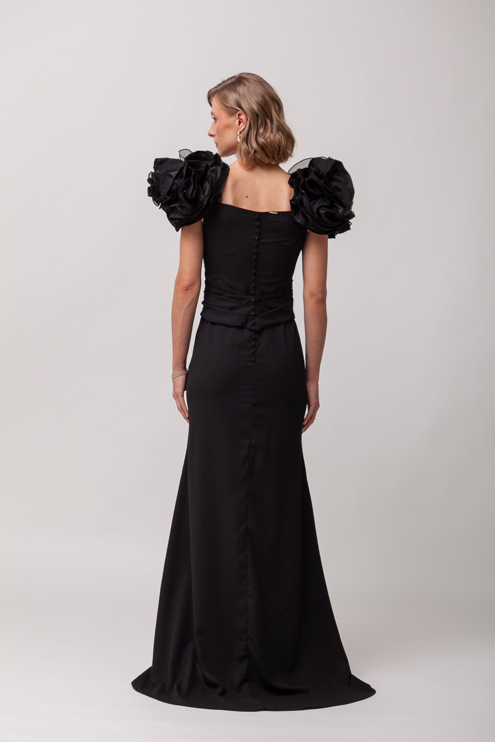 9035980 - Vestido Festa Manga Babados Fenda PRETO