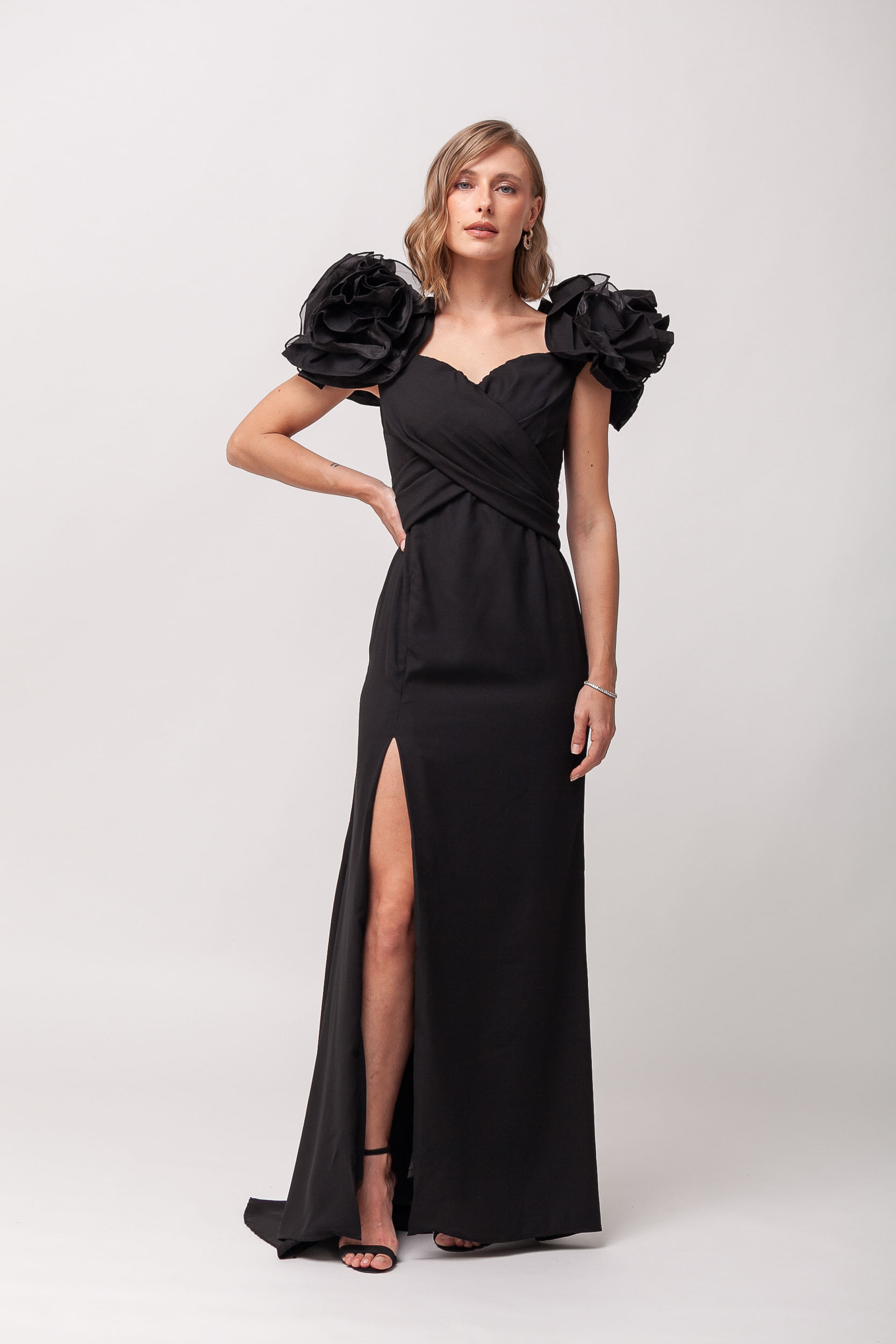 9035980 - Vestido Festa Manga Babados Fenda PRETO