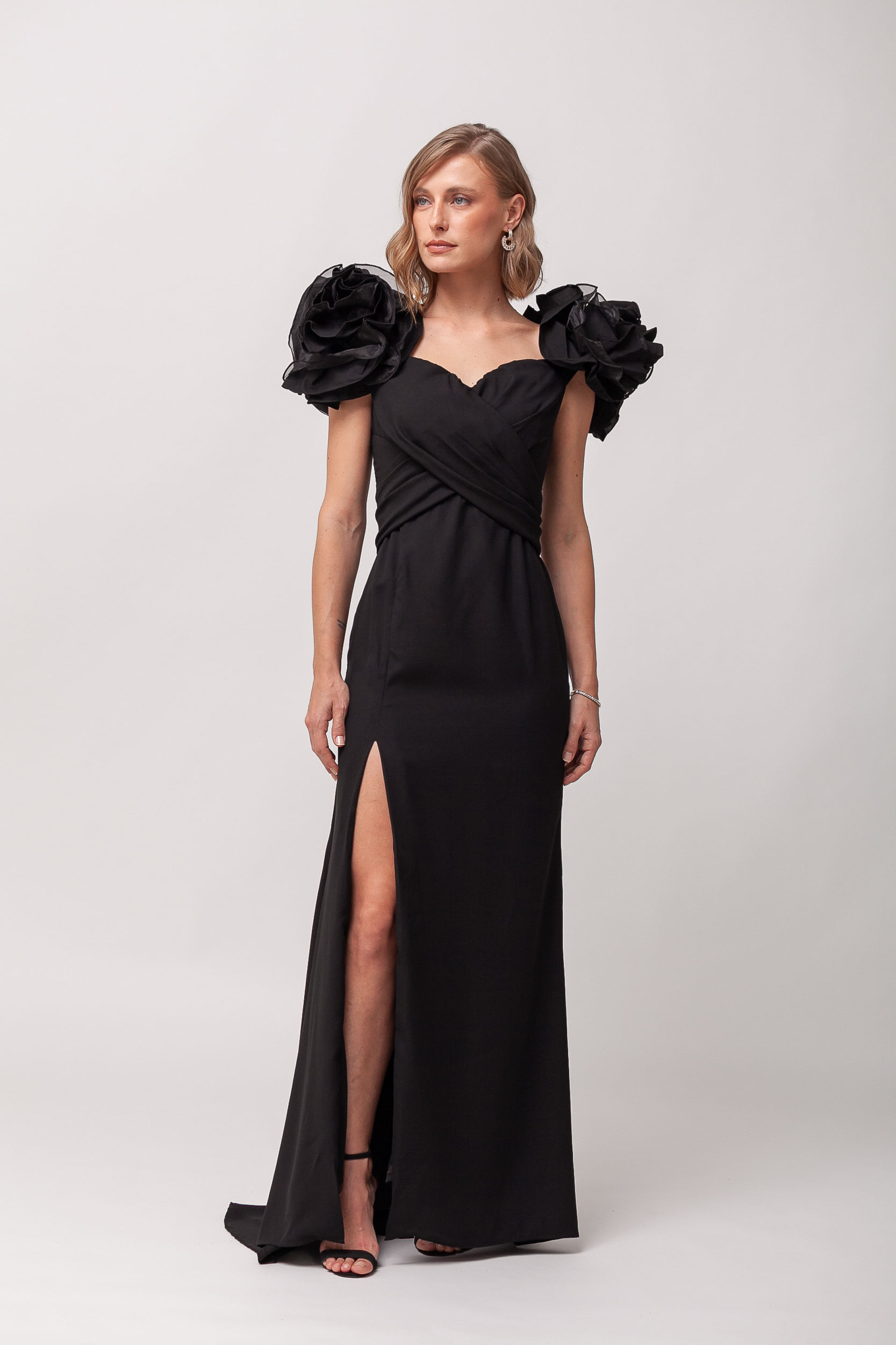 9035980 - Vestido Festa Manga Babados Fenda PRETO
