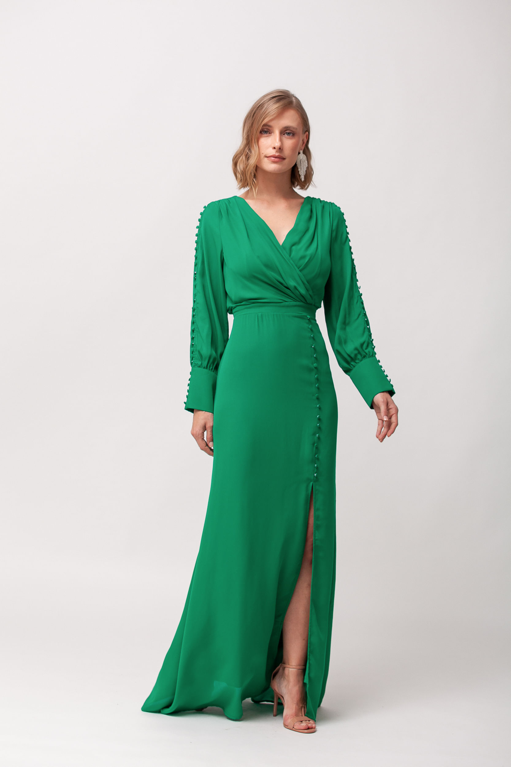 9035736 - Vestido Festa Manga Longa Botões VERDE 