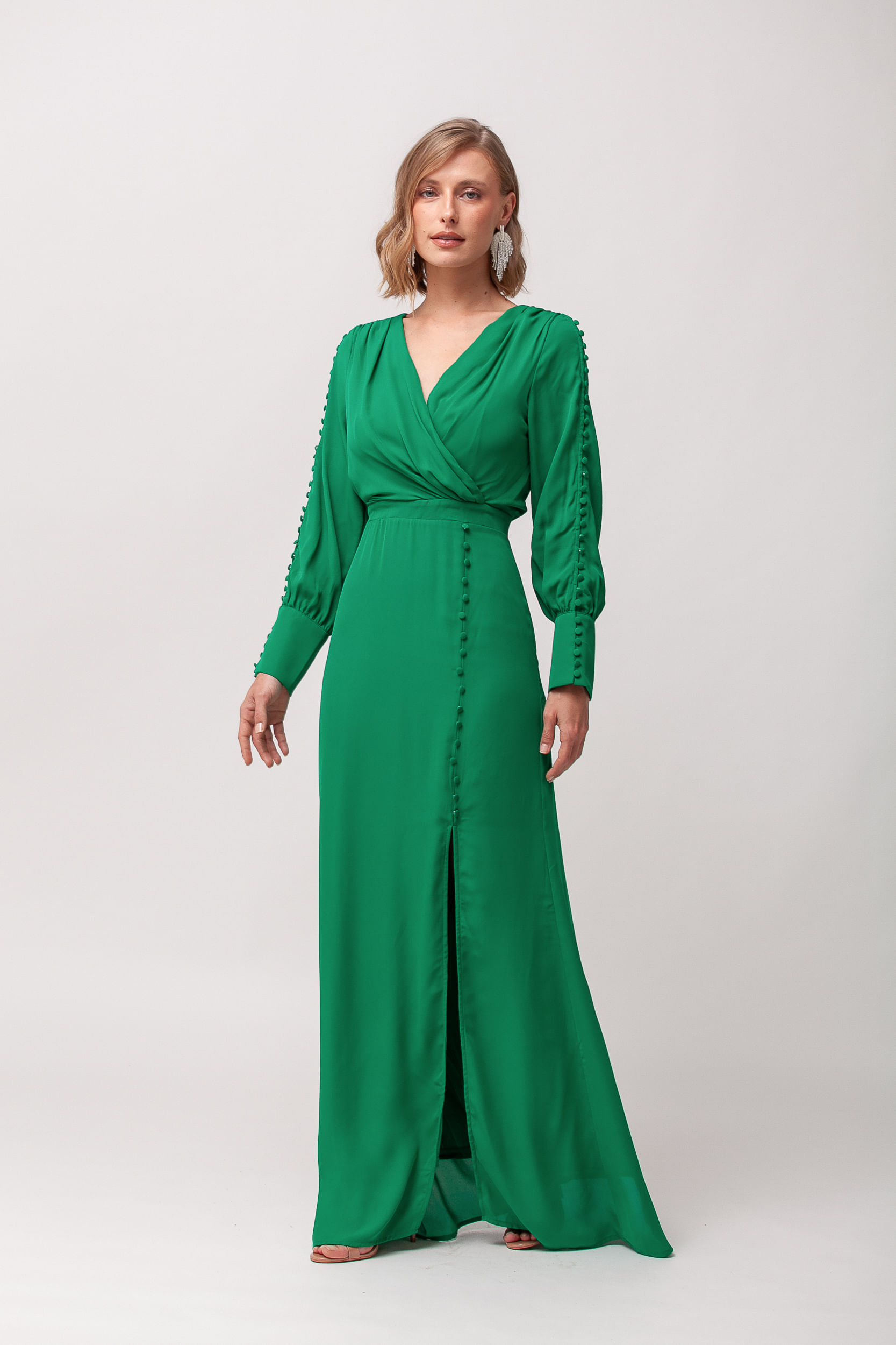 9035736 - Vestido Festa Manga Longa Botões VERDE 