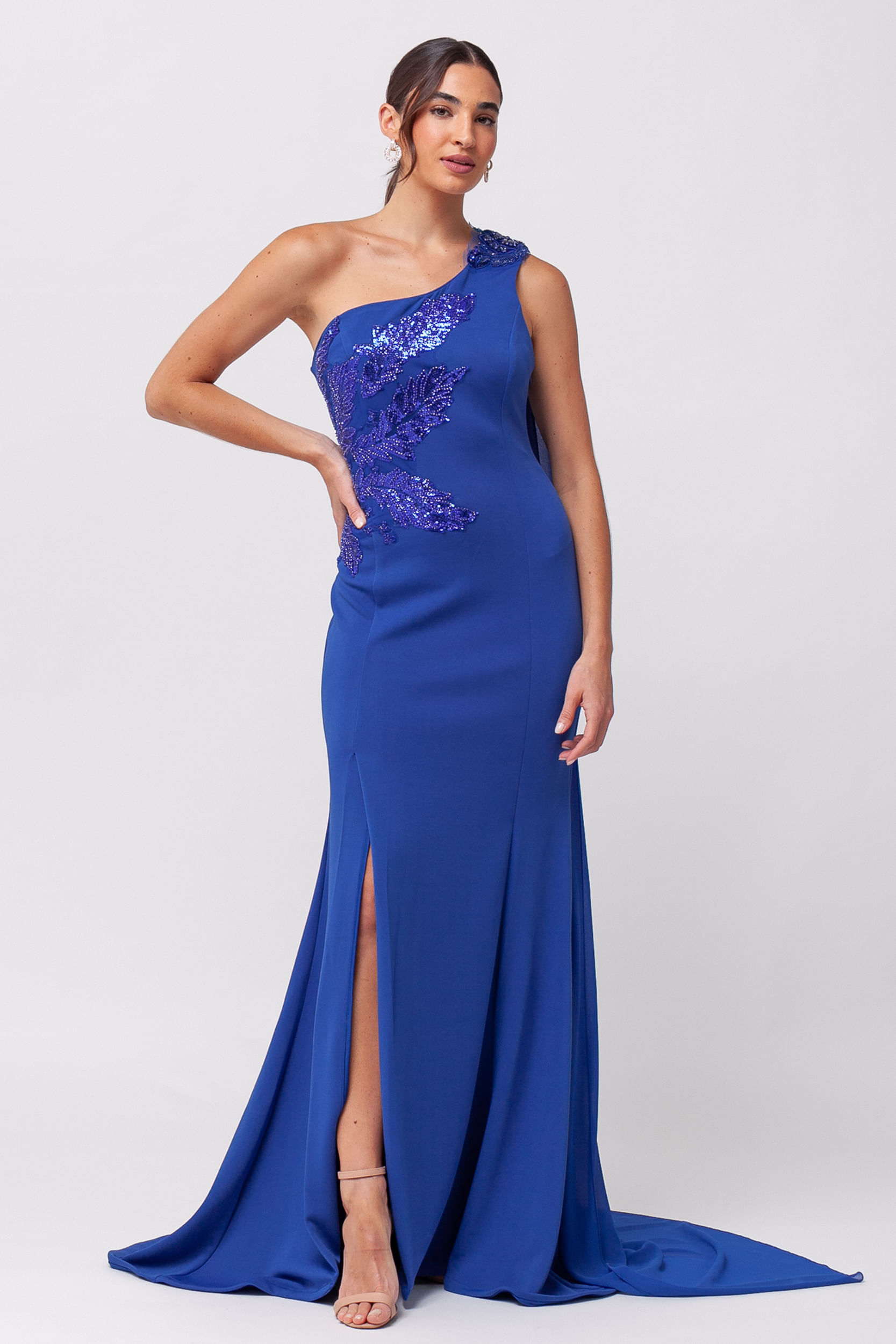 9035731 - Vestido Longo Festa Chiffon e Bordado de Miçangas AZUL