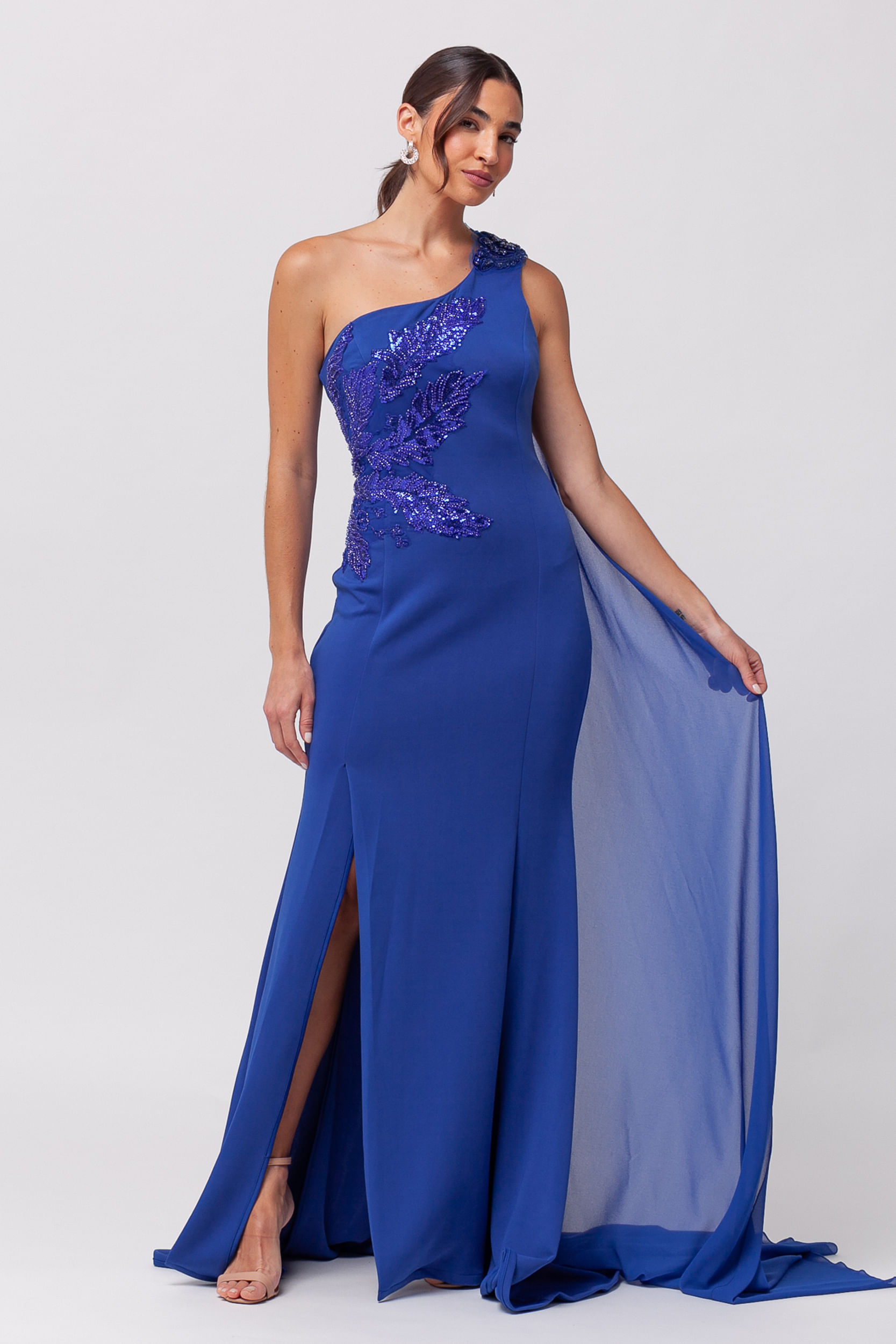 9035731 - Vestido Longo Festa Chiffon e Bordado de Miçangas AZUL