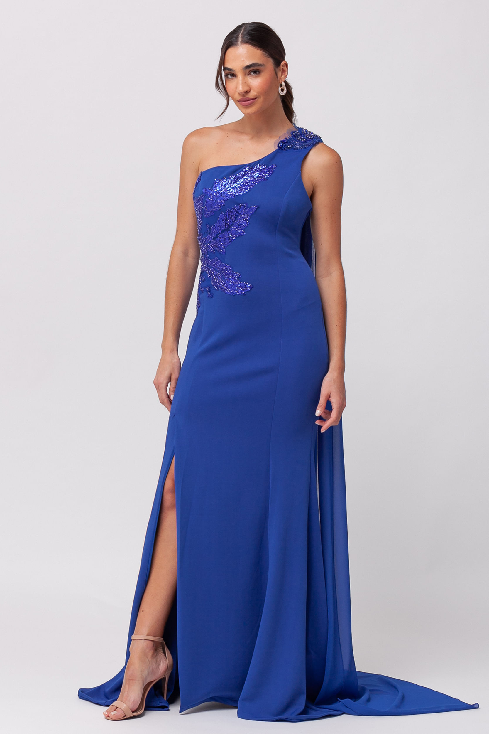 9035731 - Vestido Longo Festa Chiffon e Bordado de Miçangas AZUL