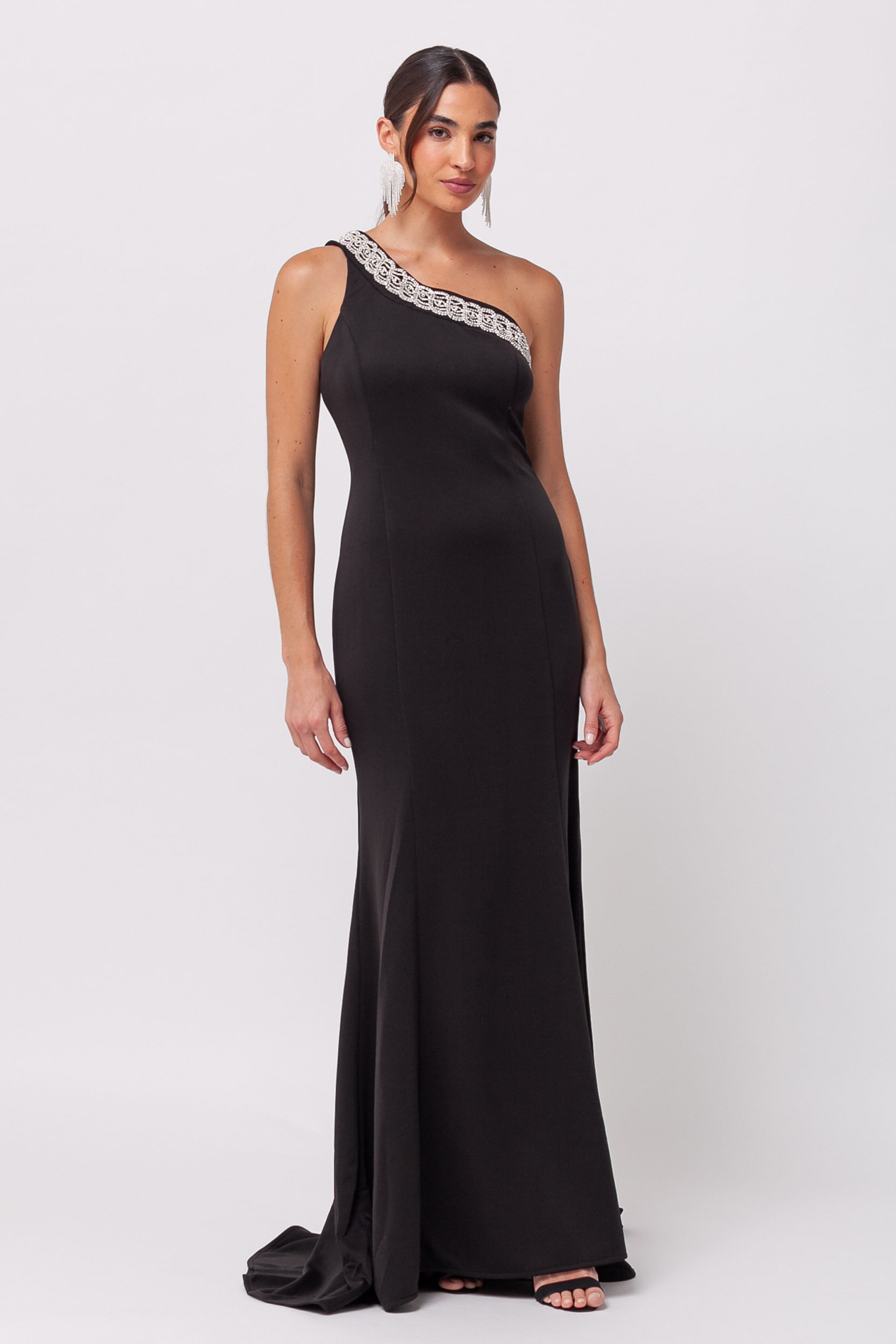 Vestido Festa Longo com Cauda Removível e Strass PRETO