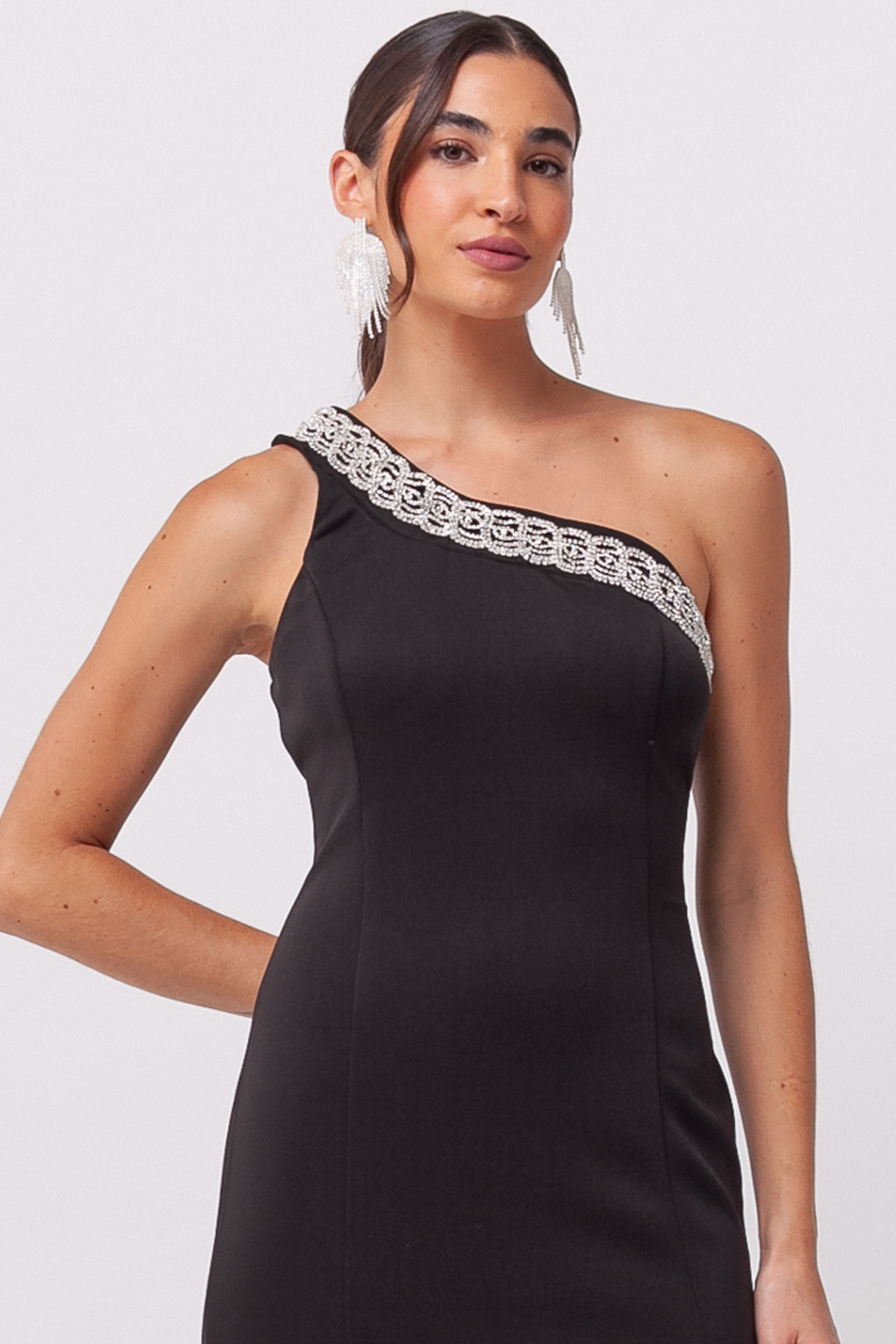 Vestido Festa Longo com Cauda Removível e Strass PRETO