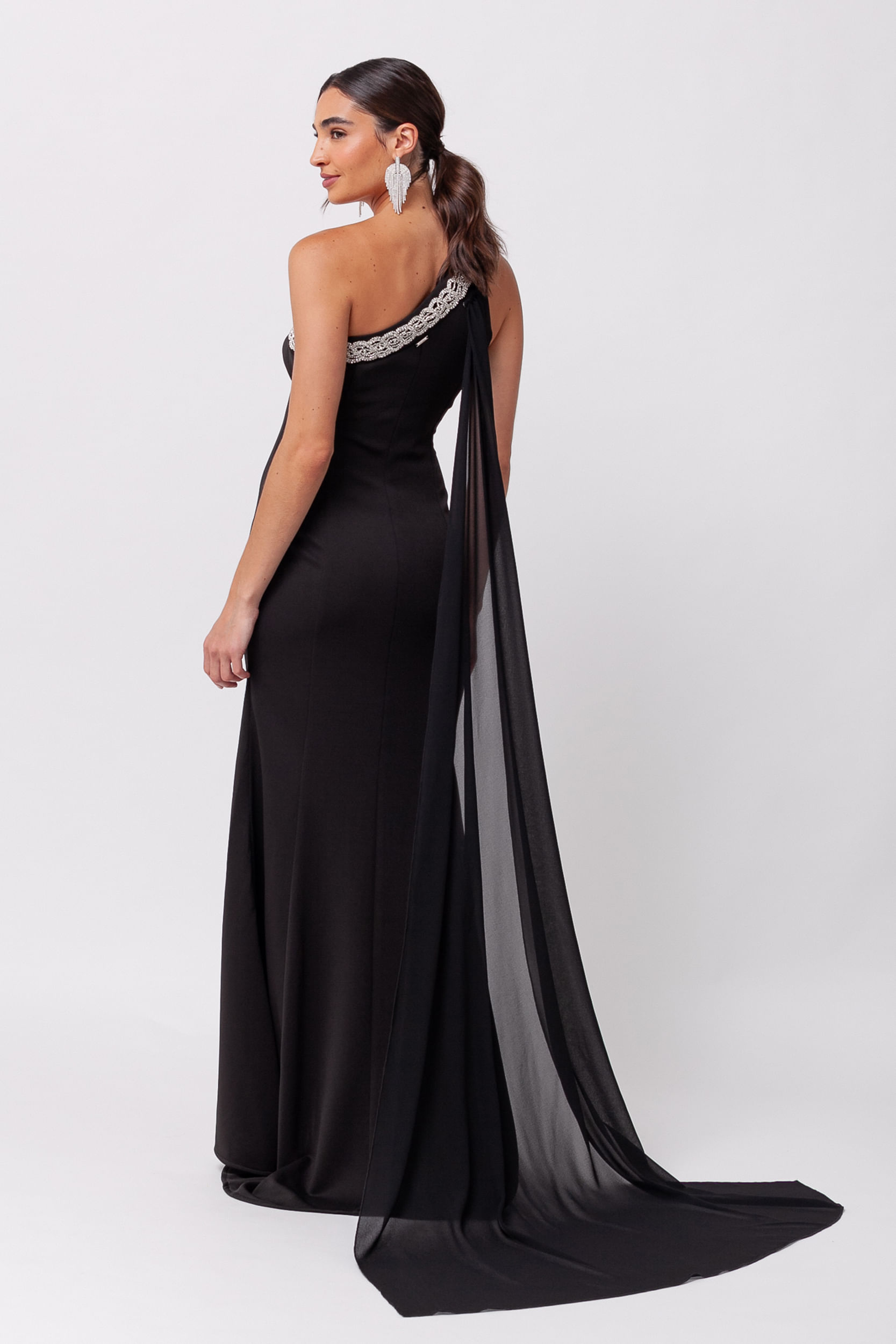 Vestido Festa Longo com Cauda Removível e Strass PRETO