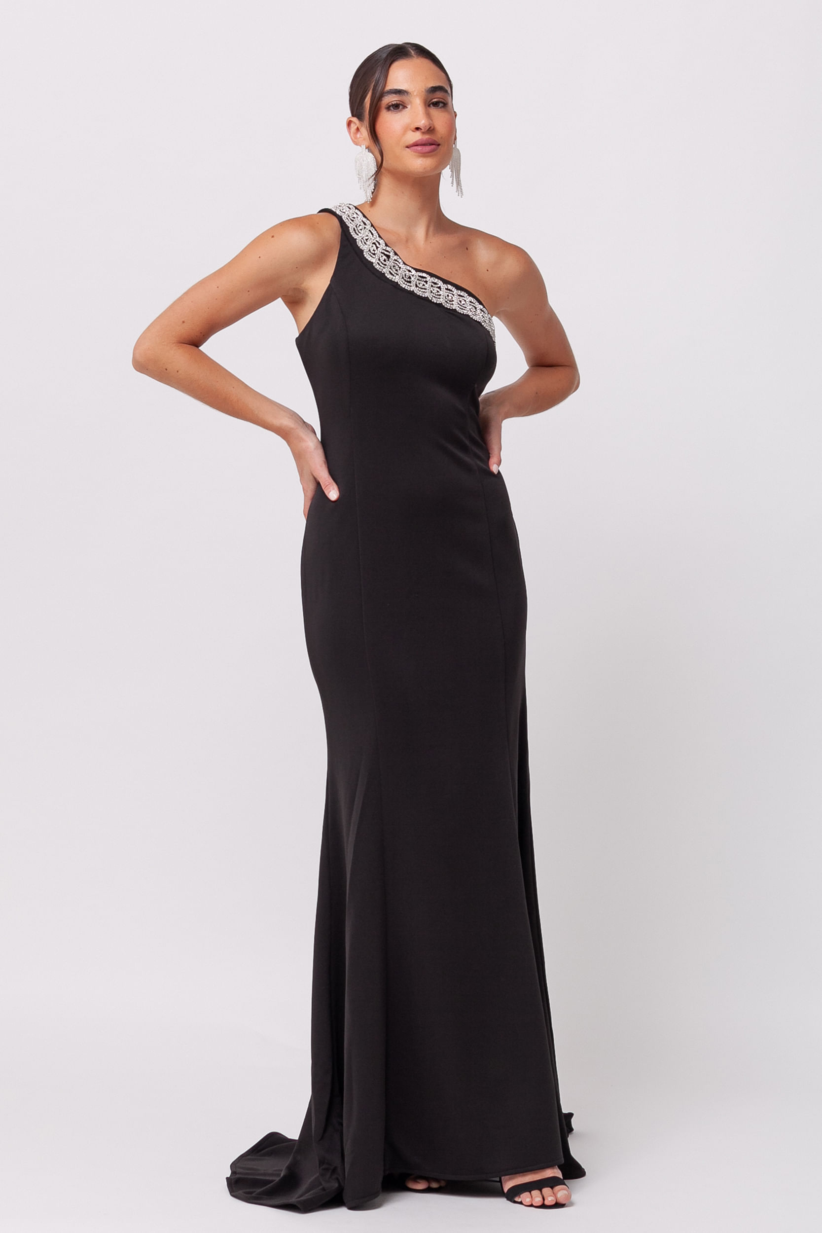 Vestido Festa Longo com Cauda Removível e Strass PRETO