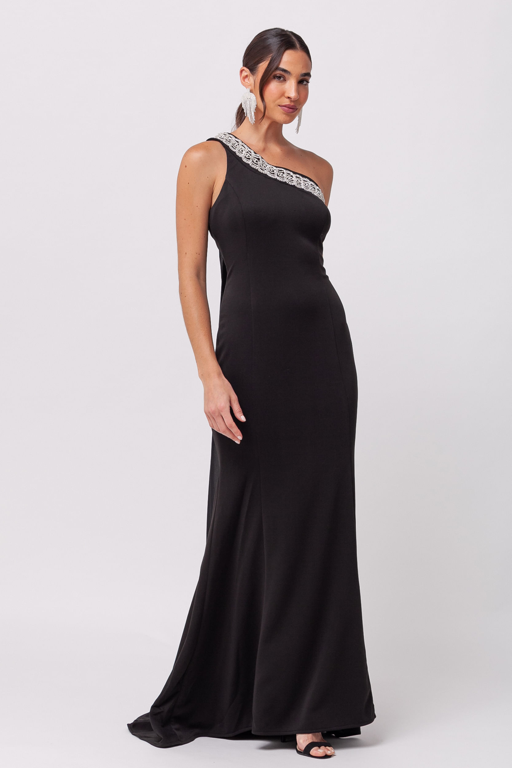 Vestido Festa Longo com Cauda Removível e Strass PRETO