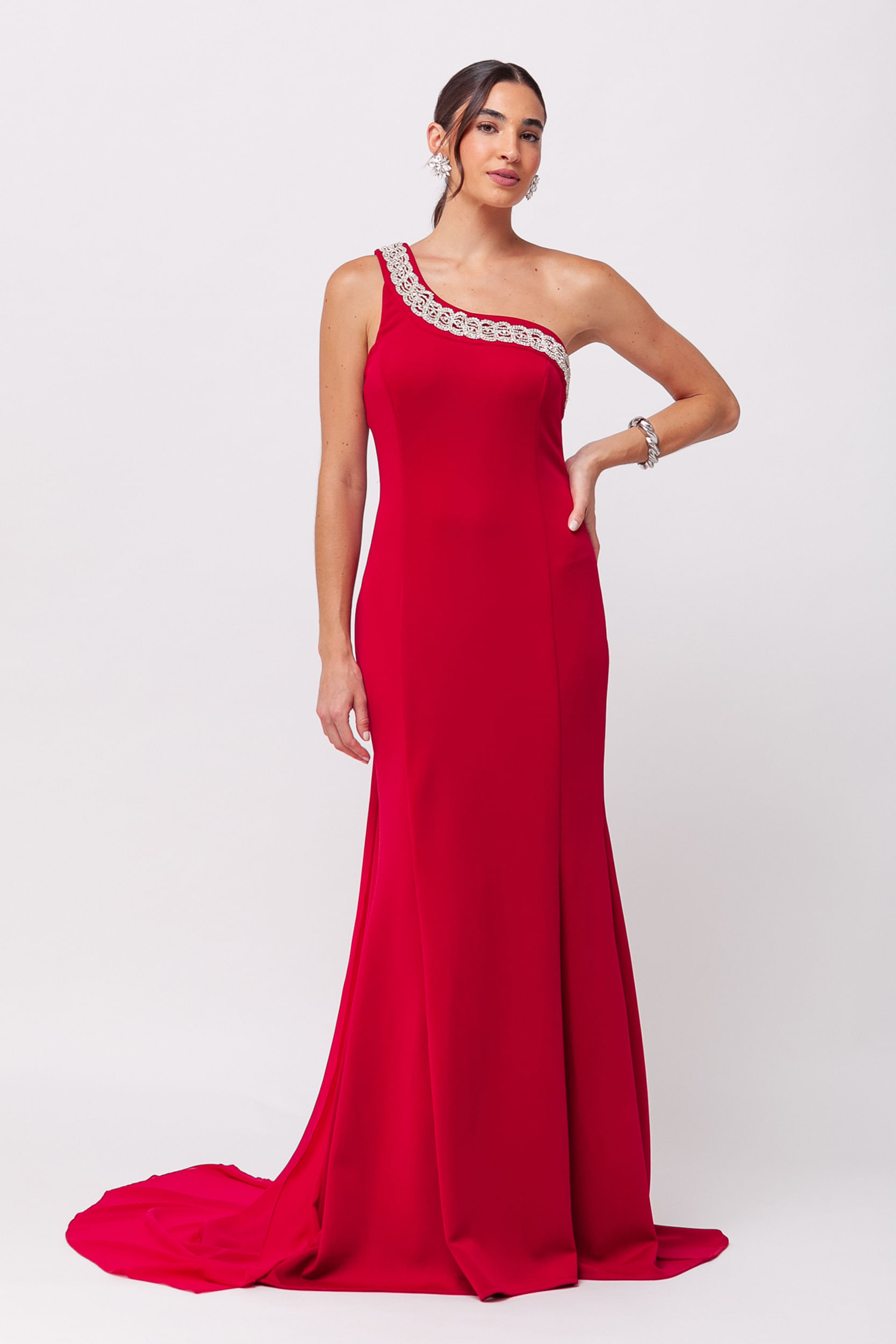 Vestido Festa Longo com Cauda Removível e Strass VINHO