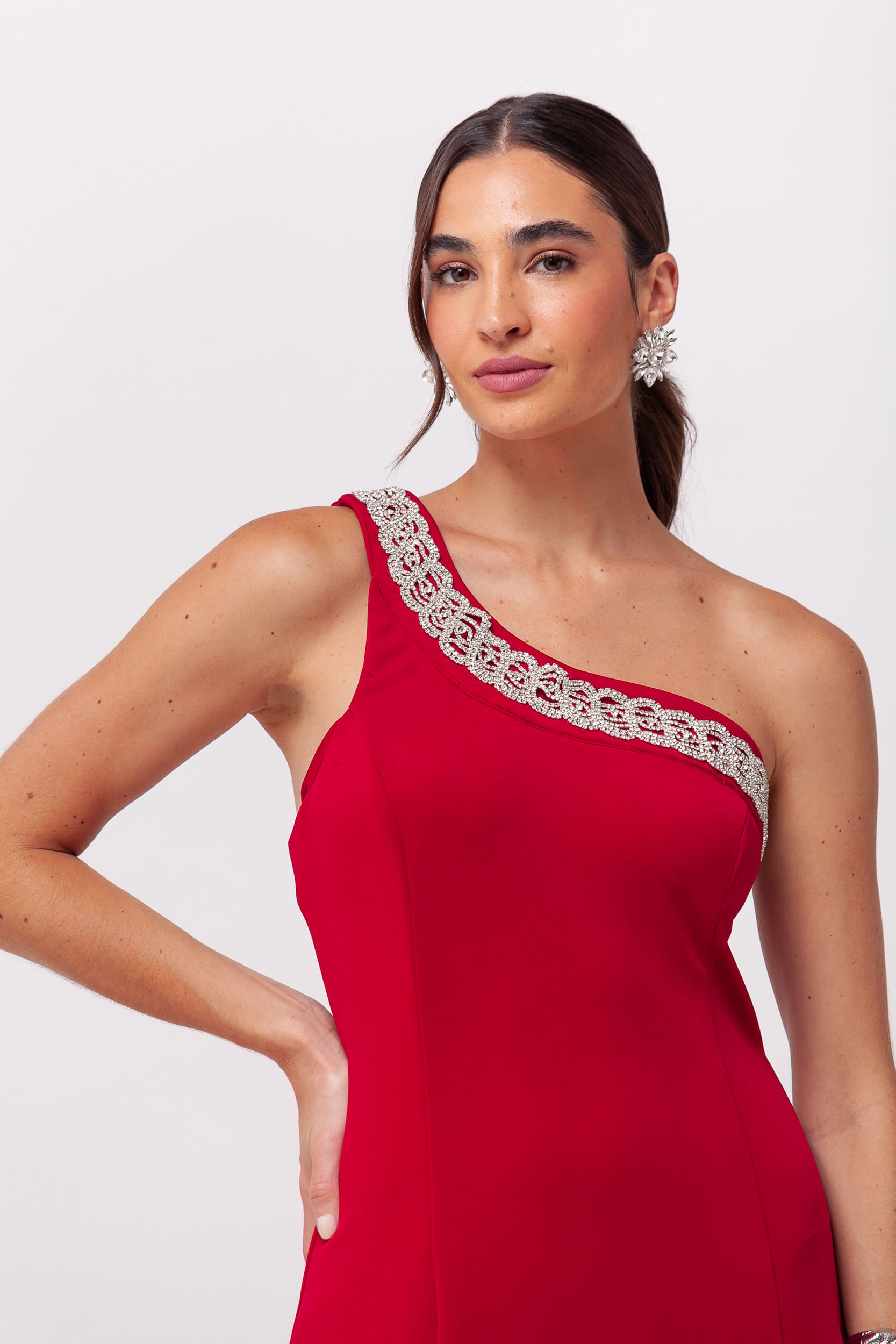 Vestido Festa Longo com Cauda Removível e Strass VINHO