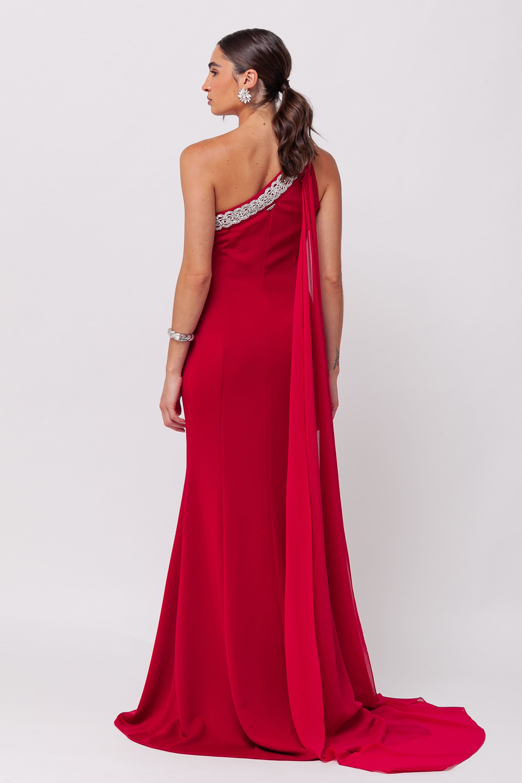 Vestido Festa Longo com Cauda Removível e Strass VINHO