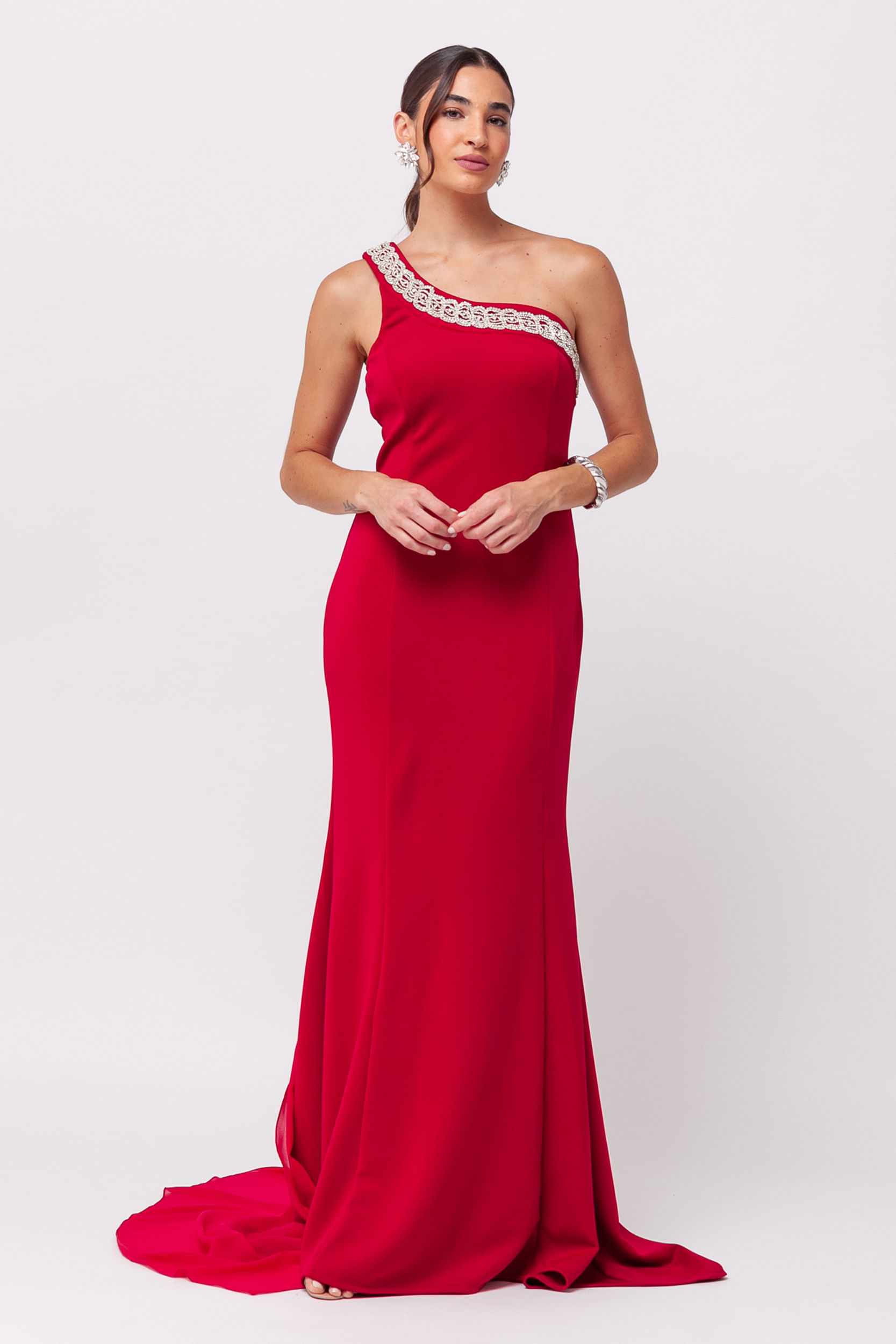 Vestido Festa Longo com Cauda Removível e Strass VINHO