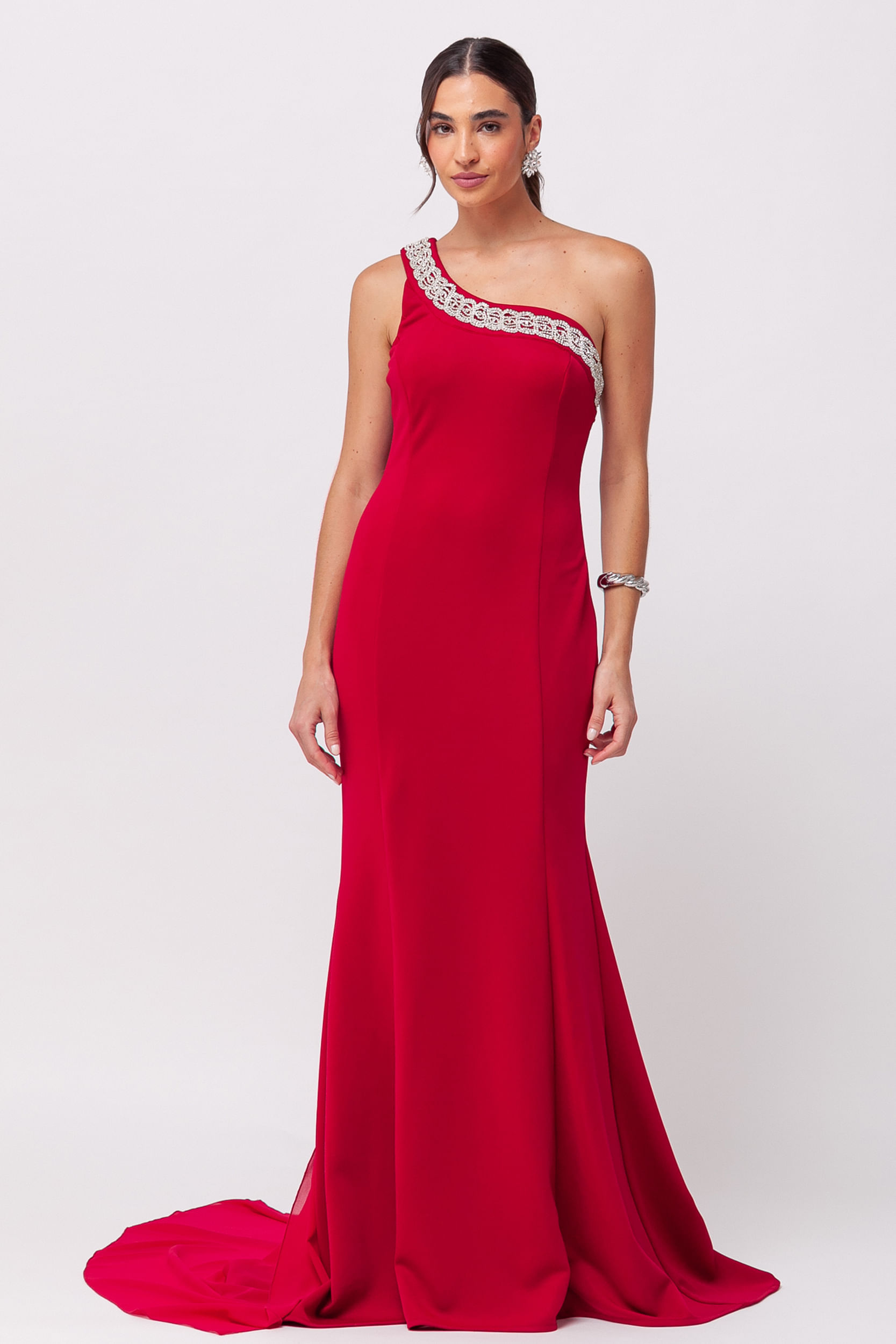 Vestido Festa Longo com Cauda Removível e Strass VINHO