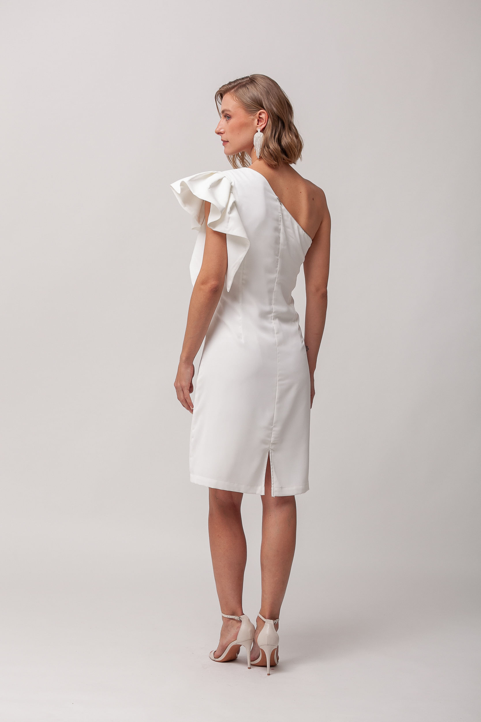 Vestido Festa Midi Manga Só OFF-WHITE