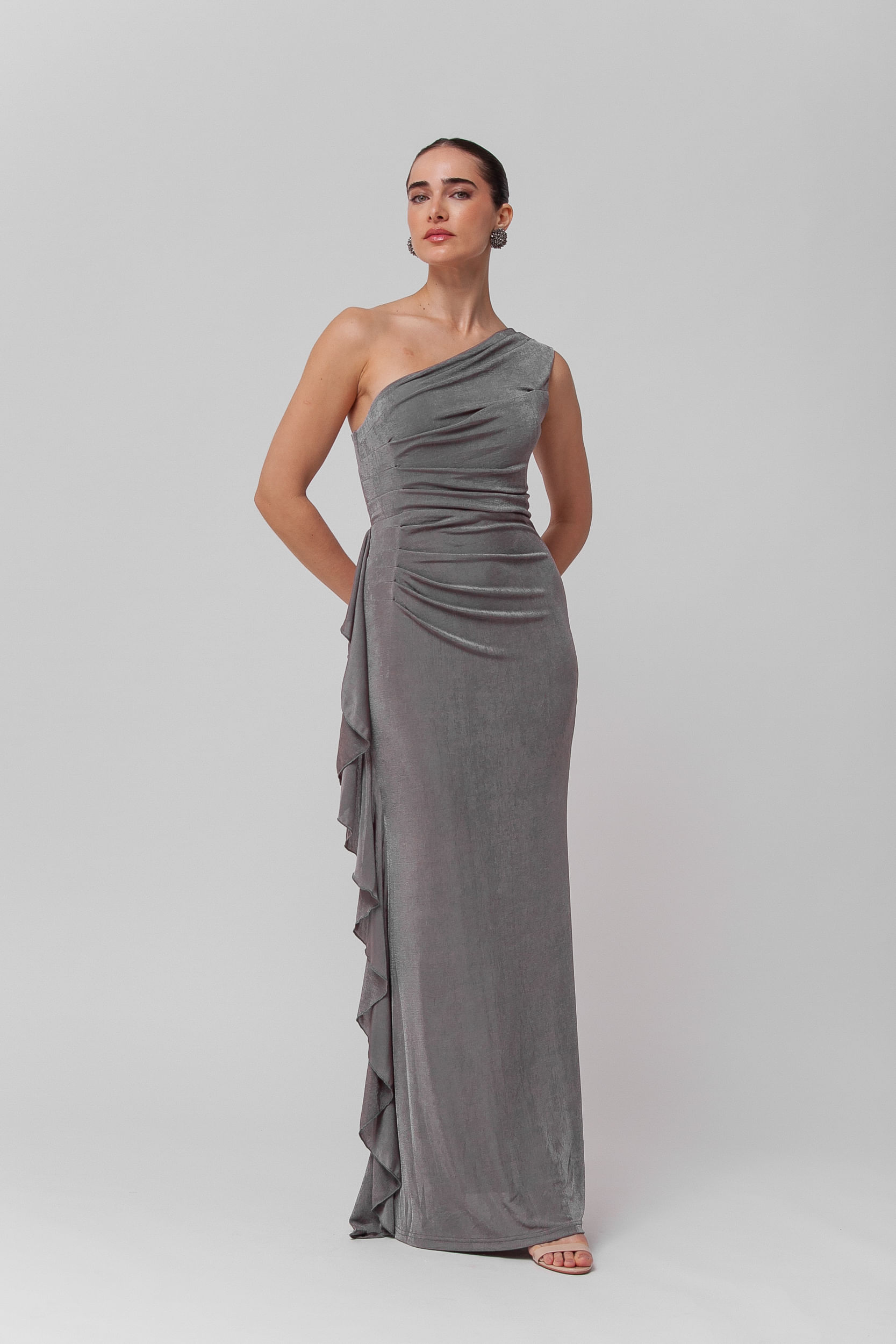 9035977 - Vestido Longo Festa com Babados Laterais CINZA