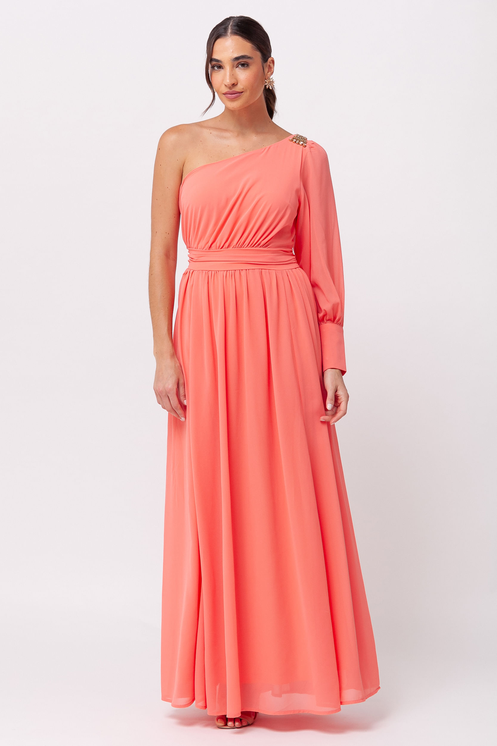 9035979 - Vestido Festa Longo em Chiffon com Pedraria no Ombro CORAL 9035979 - Vestido Festa Longo em Chiffon com Pedraria no Ombro CORAL