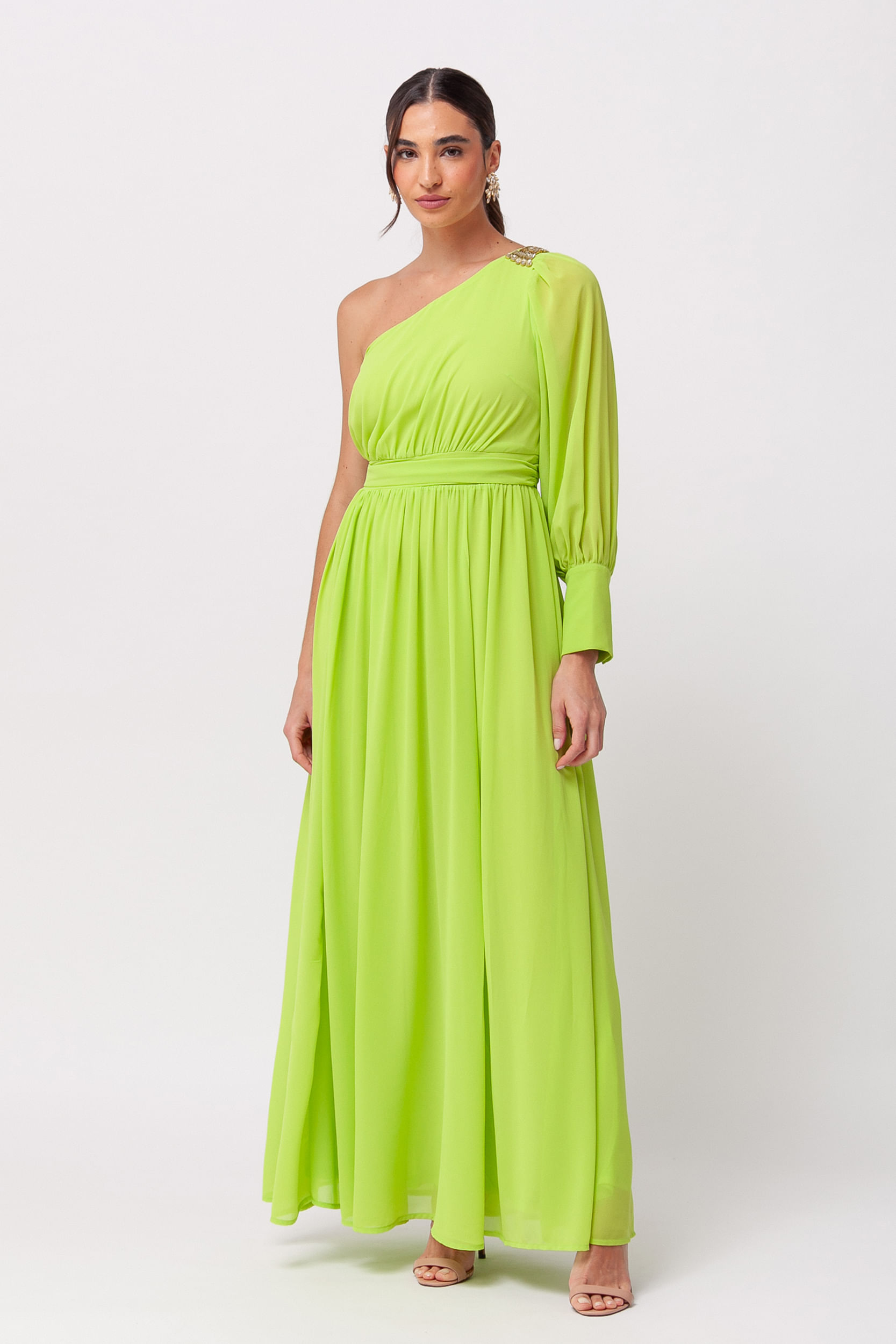 9035979 - Vestido Festa Longo em Chiffon com Pedraria no Ombro LIMA