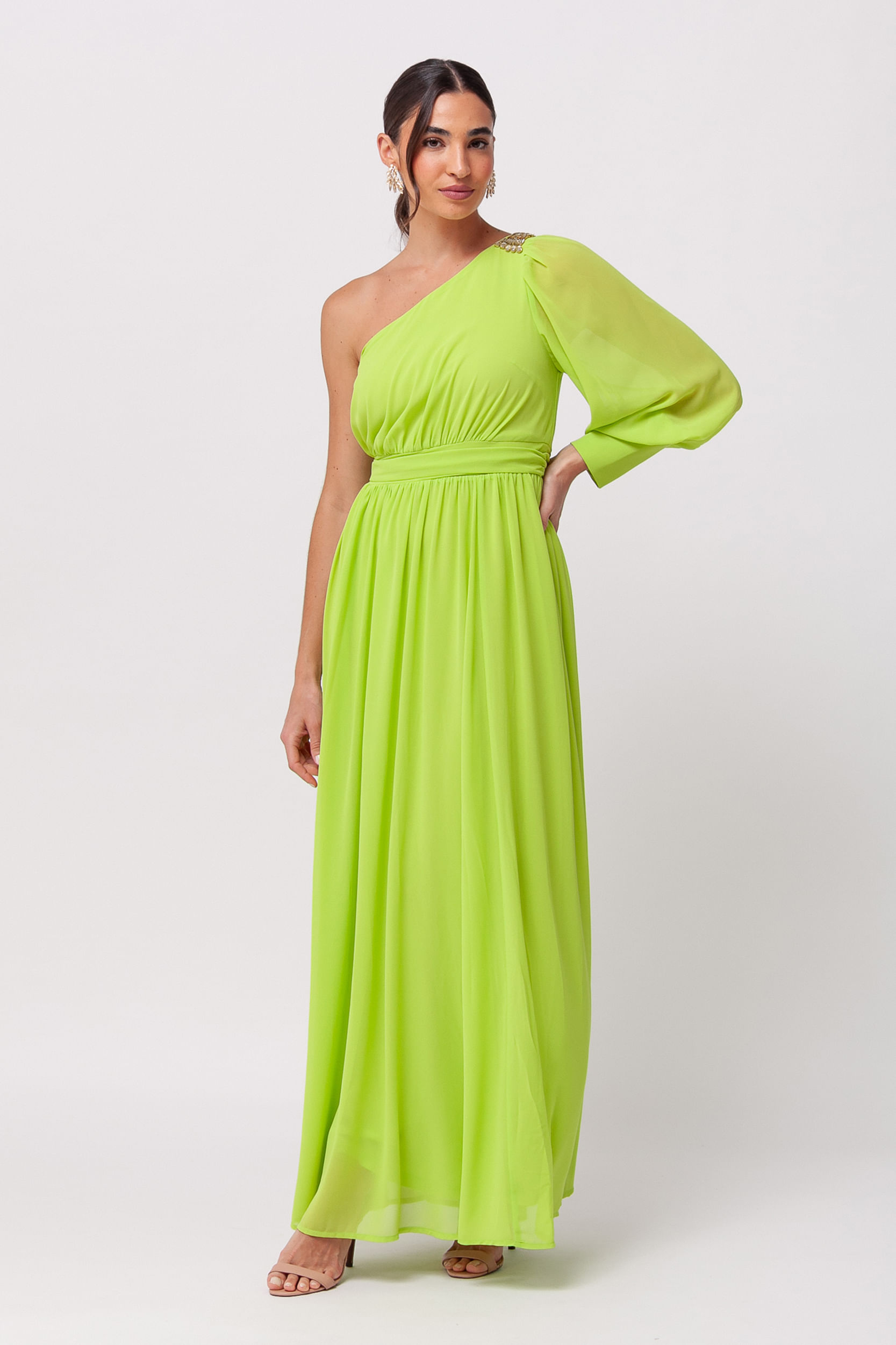 9035979 - Vestido Festa Longo em Chiffon com Pedraria no Ombro LIMA 9035979 - Vestido Festa Longo em Chiffon com Pedraria no Ombro LIMA