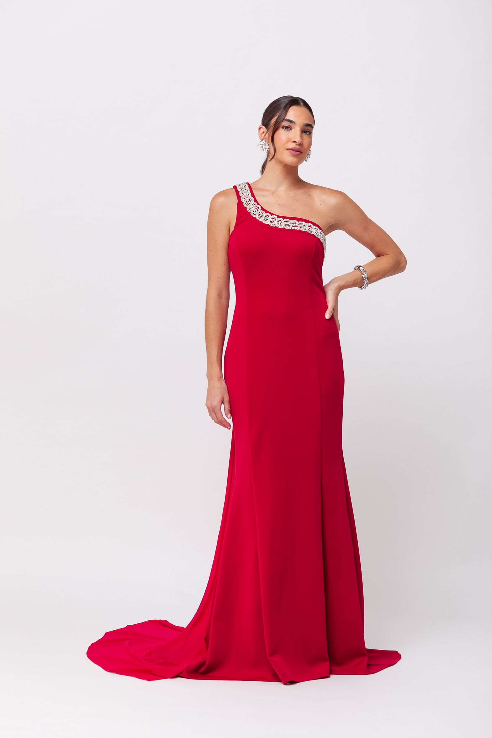 Vestido Festa Longo com Cauda Removível e Strass VINHO