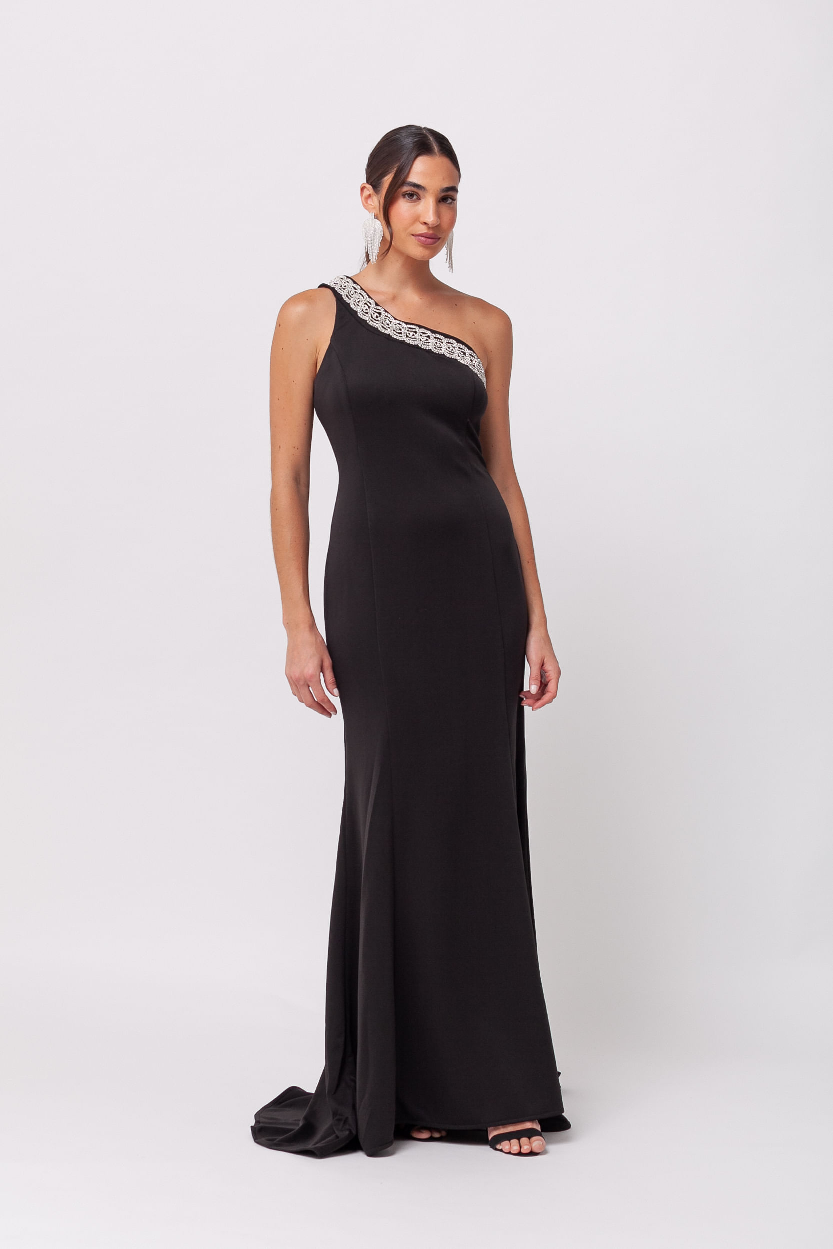 Vestido Festa Longo com Cauda Removível e Strass PRETO