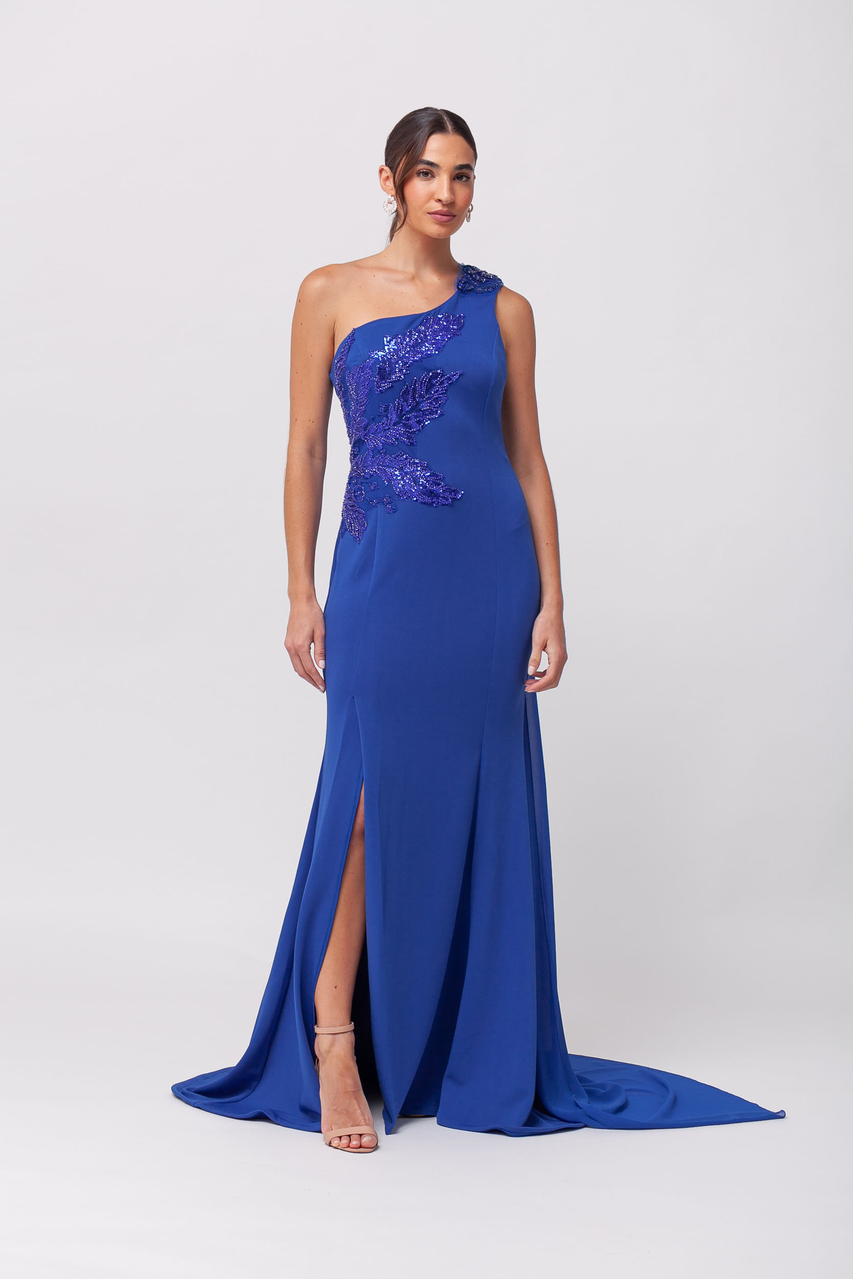 9035731 - Vestido Longo Festa Chiffon e Bordado de Miçangas AZUL