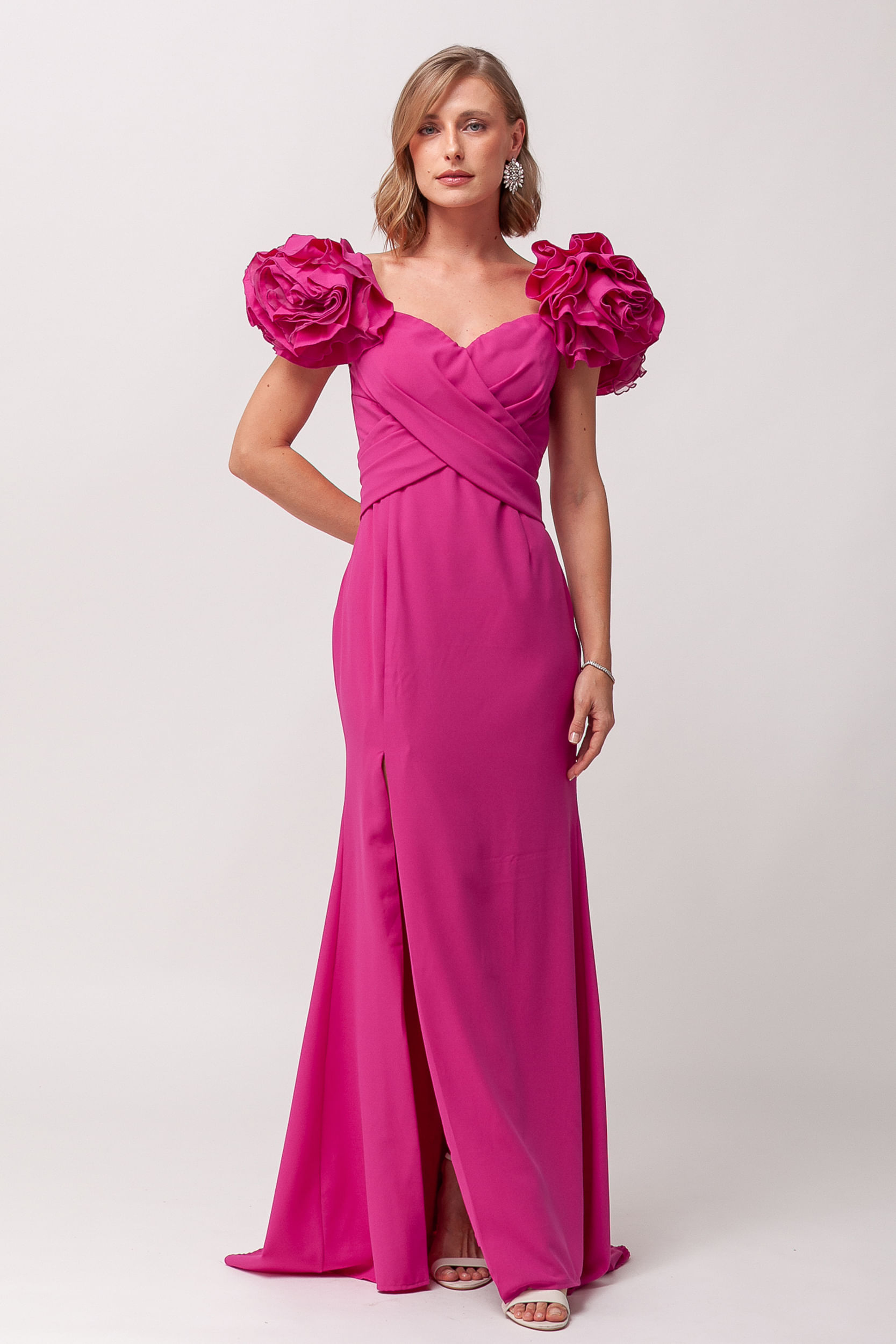 9035980 - Vestido Festa Manga Babados Fenda FÚCSIA