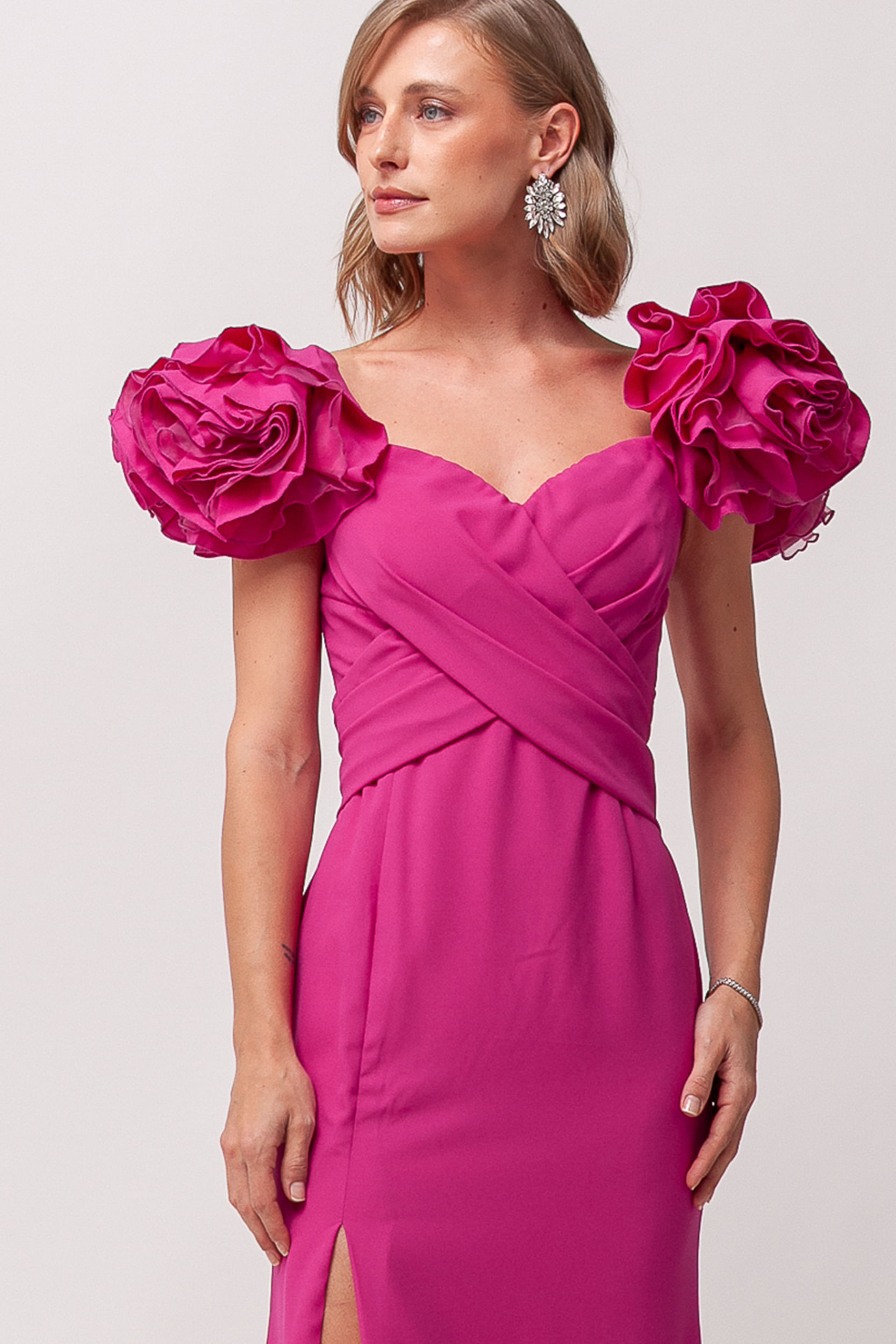 9035980 - Vestido Festa Manga Babados Fenda FÚCSIA