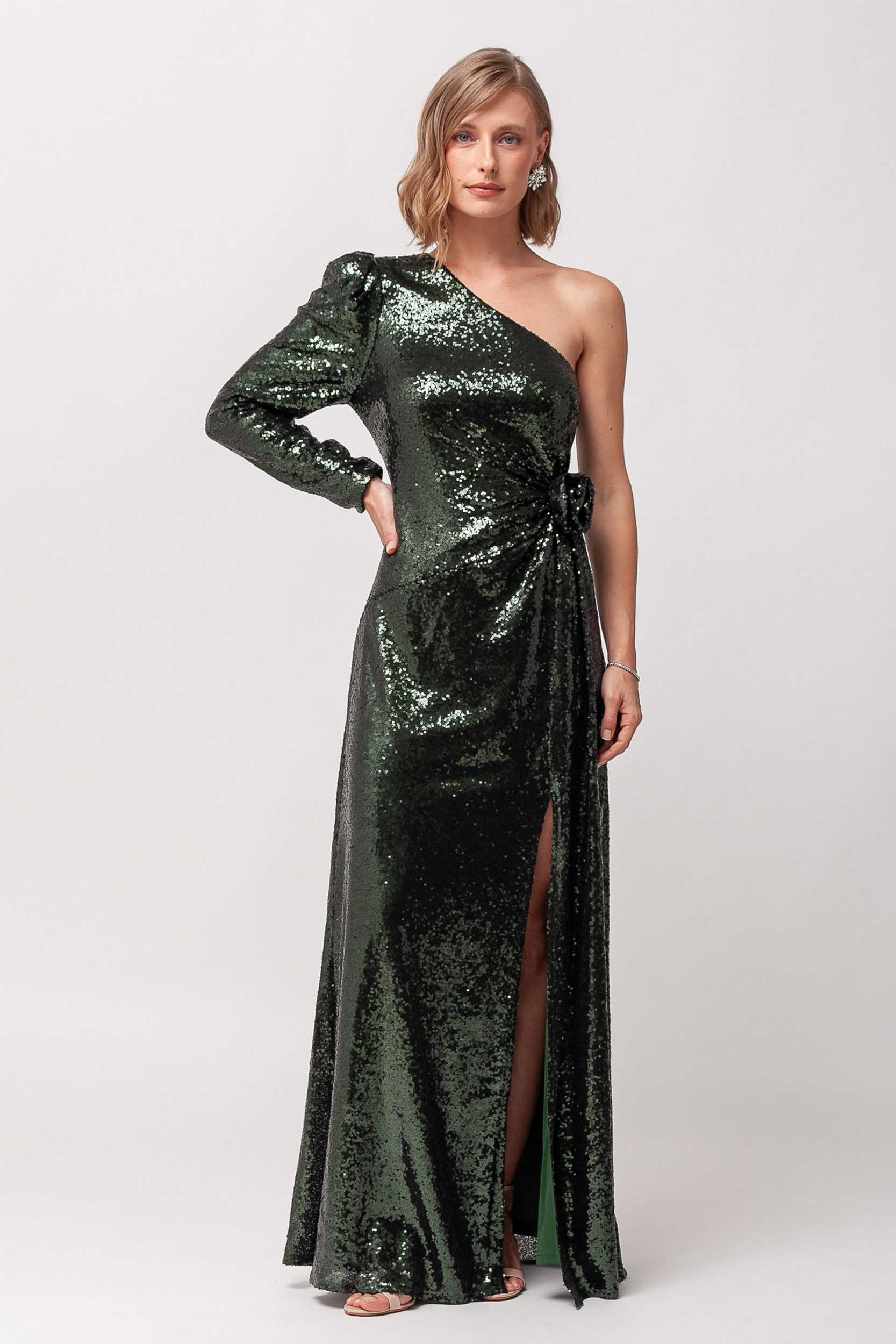 Vestido Festa Paetê Manga Só Longa VERDE 