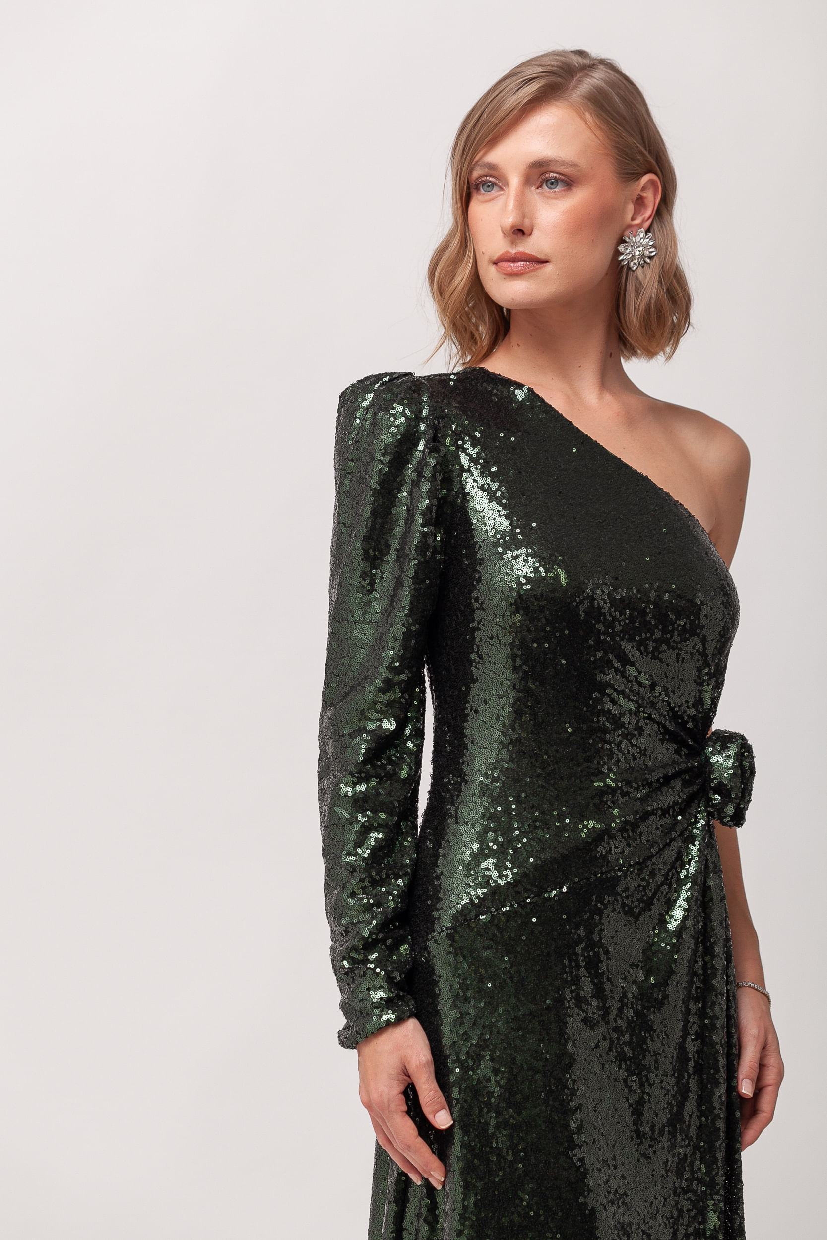 Vestido Festa Paetê Manga Só Longa VERDE 