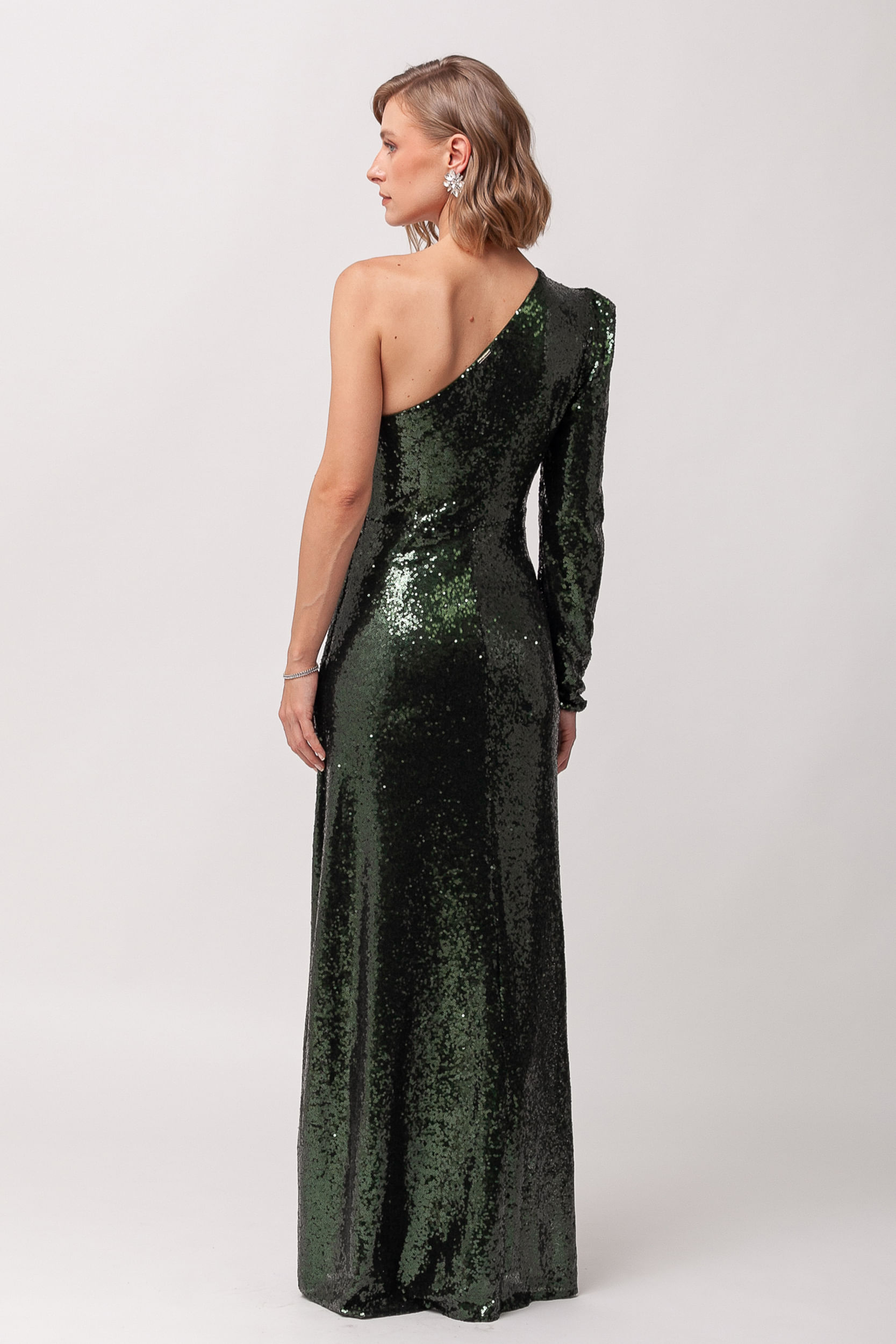 Vestido Festa Paetê Manga Só Longa VERDE 