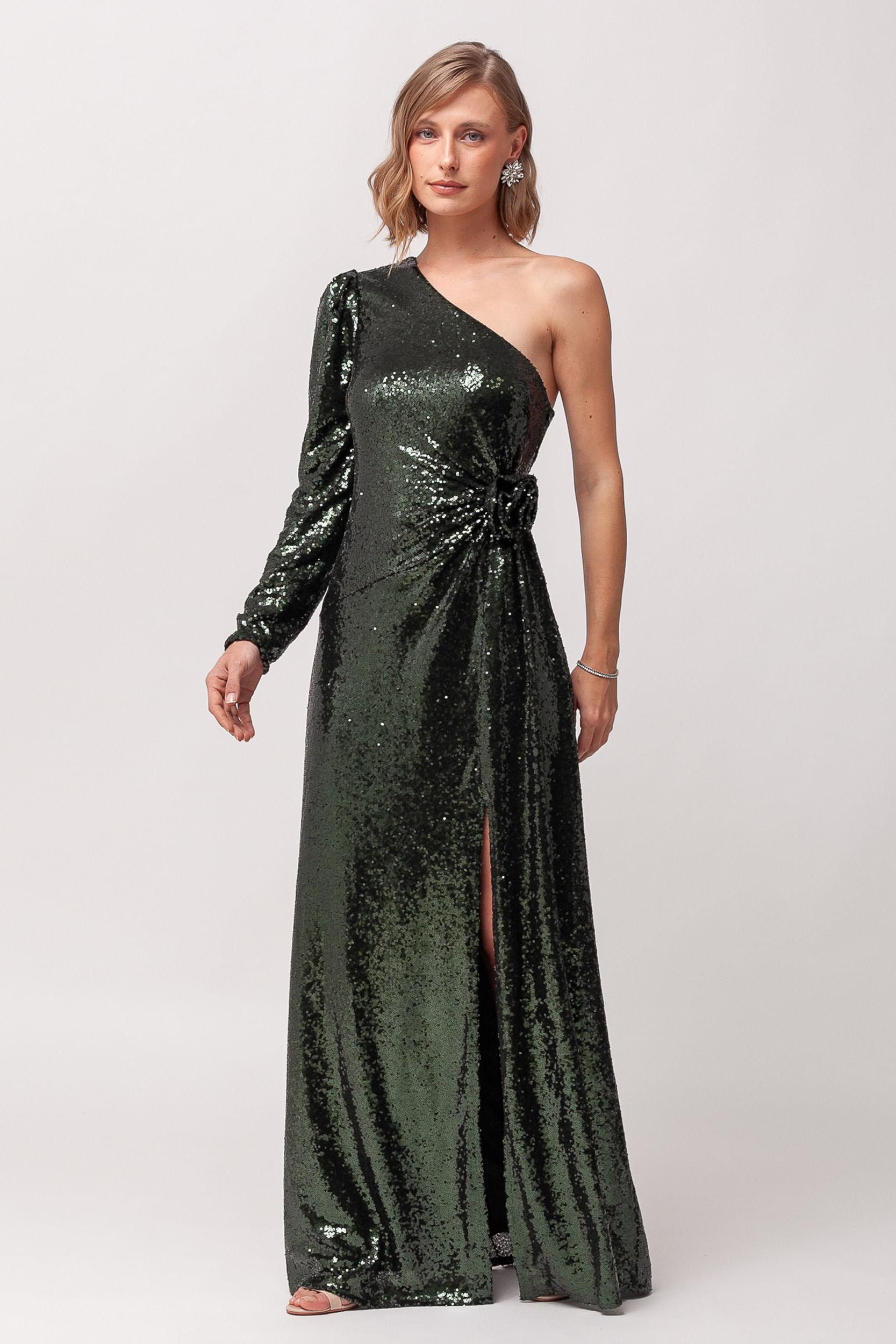 Vestido Festa Paetê Manga Só Longa VERDE 