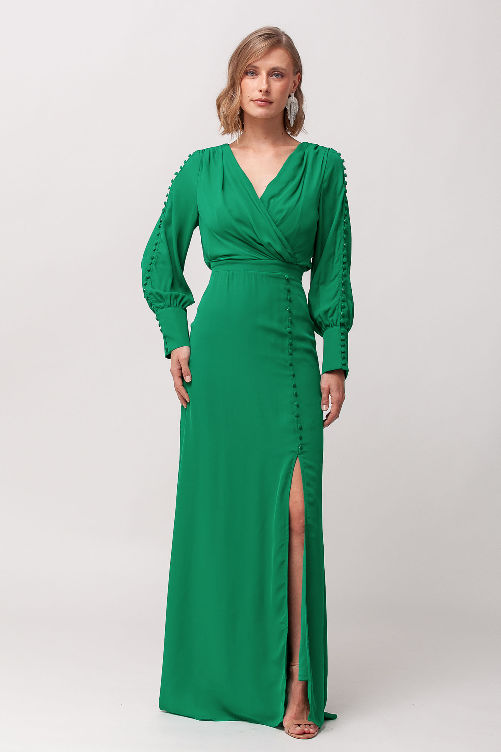 9035736 - Vestido Festa Manga Longa Botões VERDE 