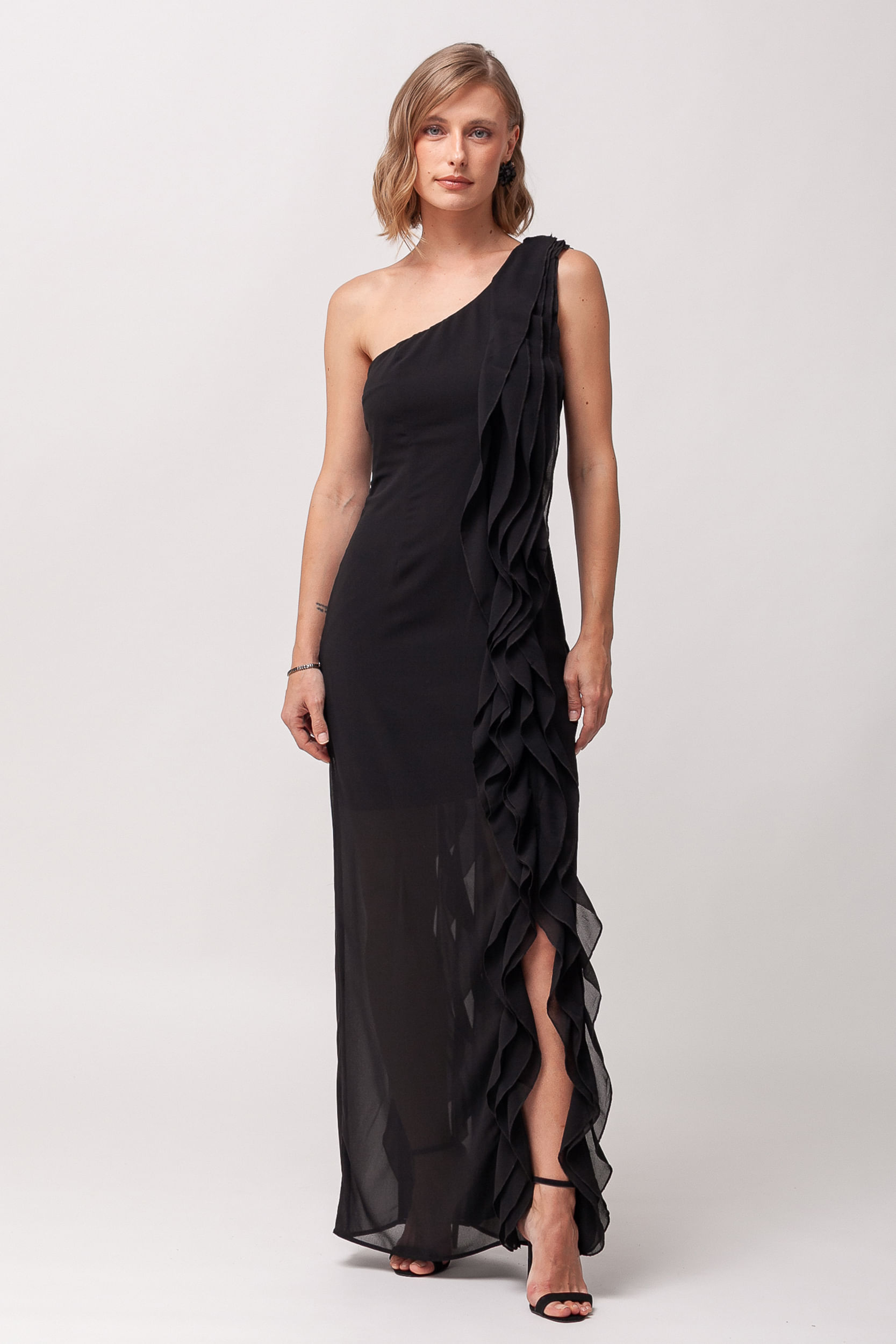 Vestido Festa Ombro Só Babados Lateral PRETO