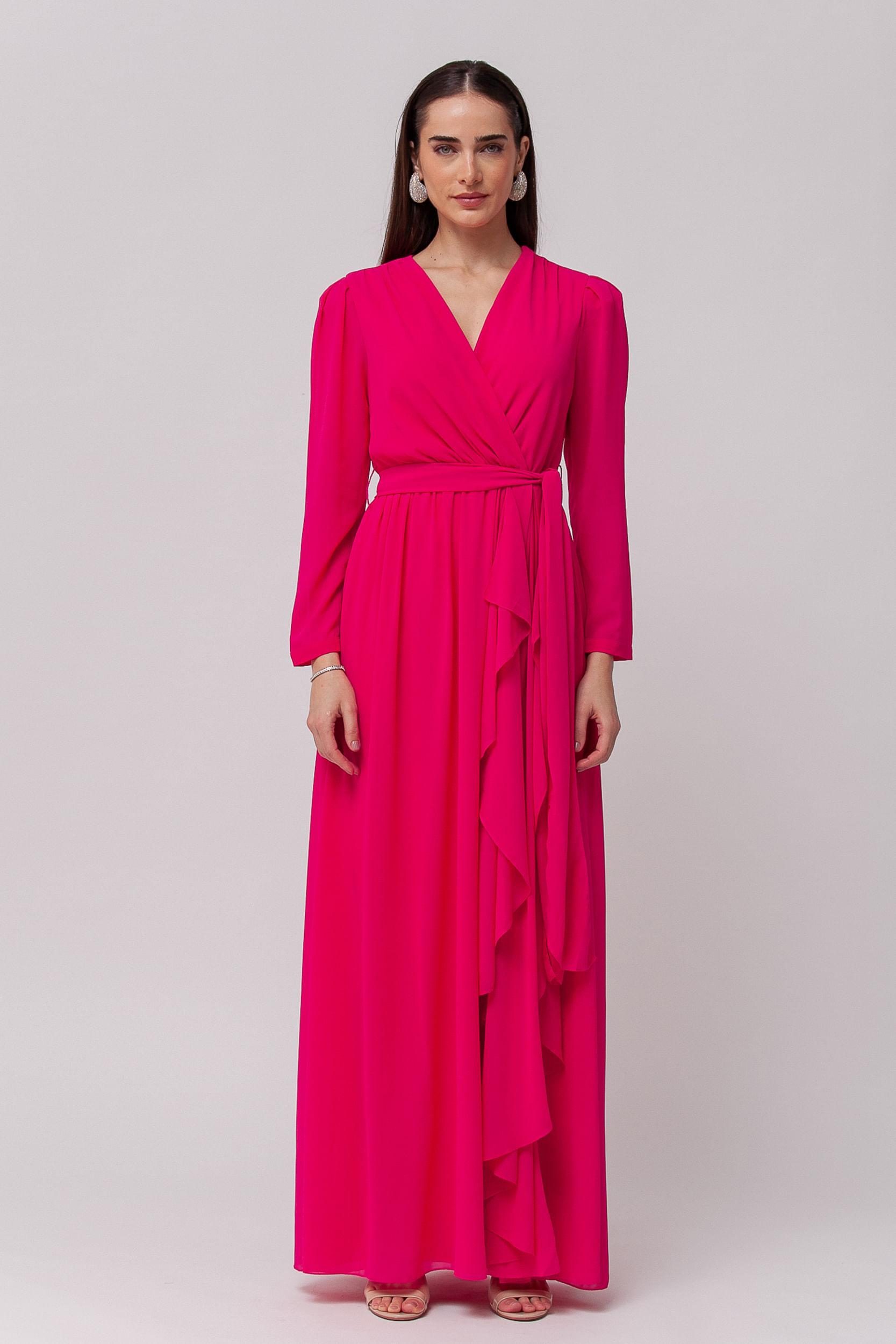Vestido Festa Manga Longa Babados PINK