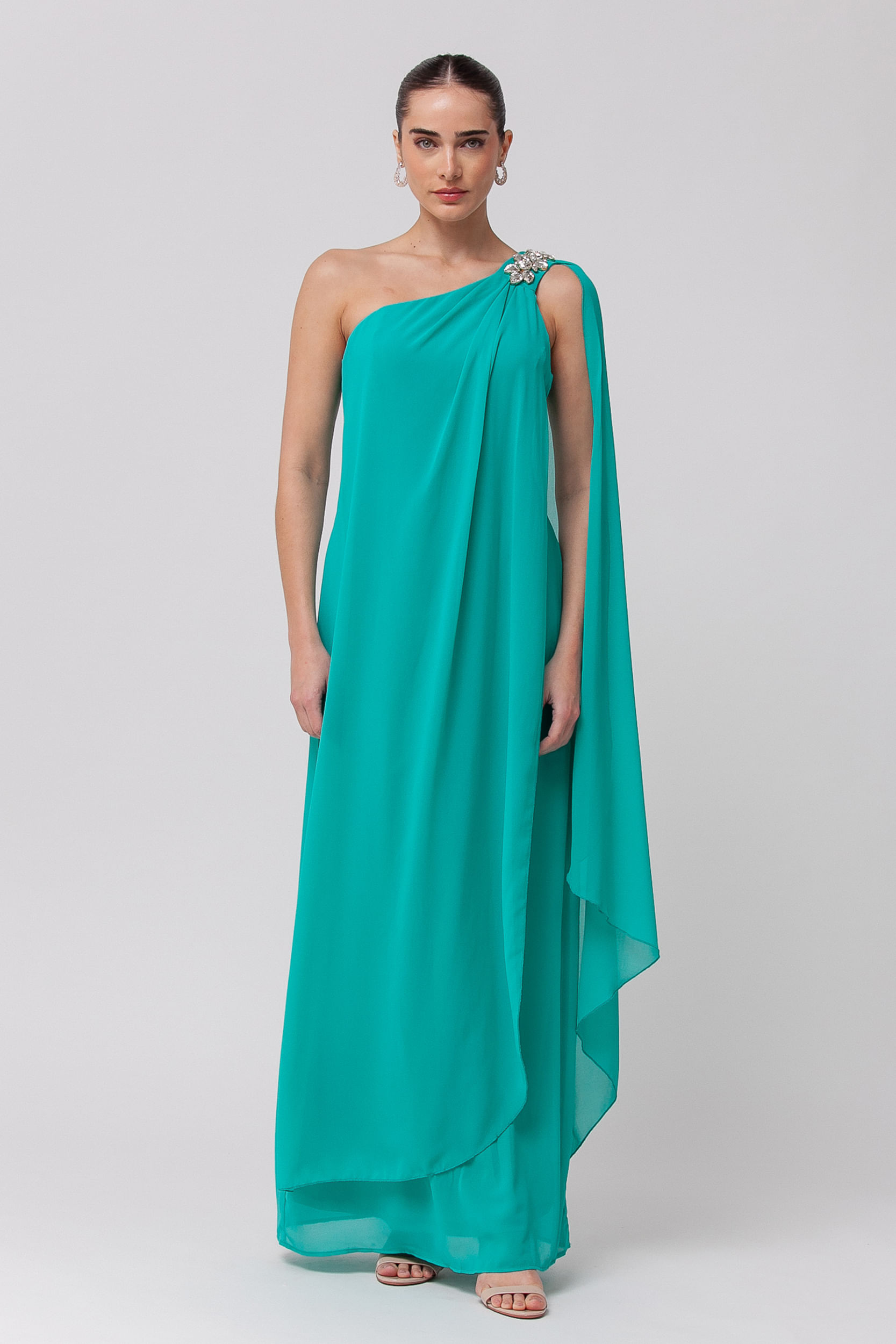 Vestido Longo Festa Fluído com Pedraria VERDE ÁGUA