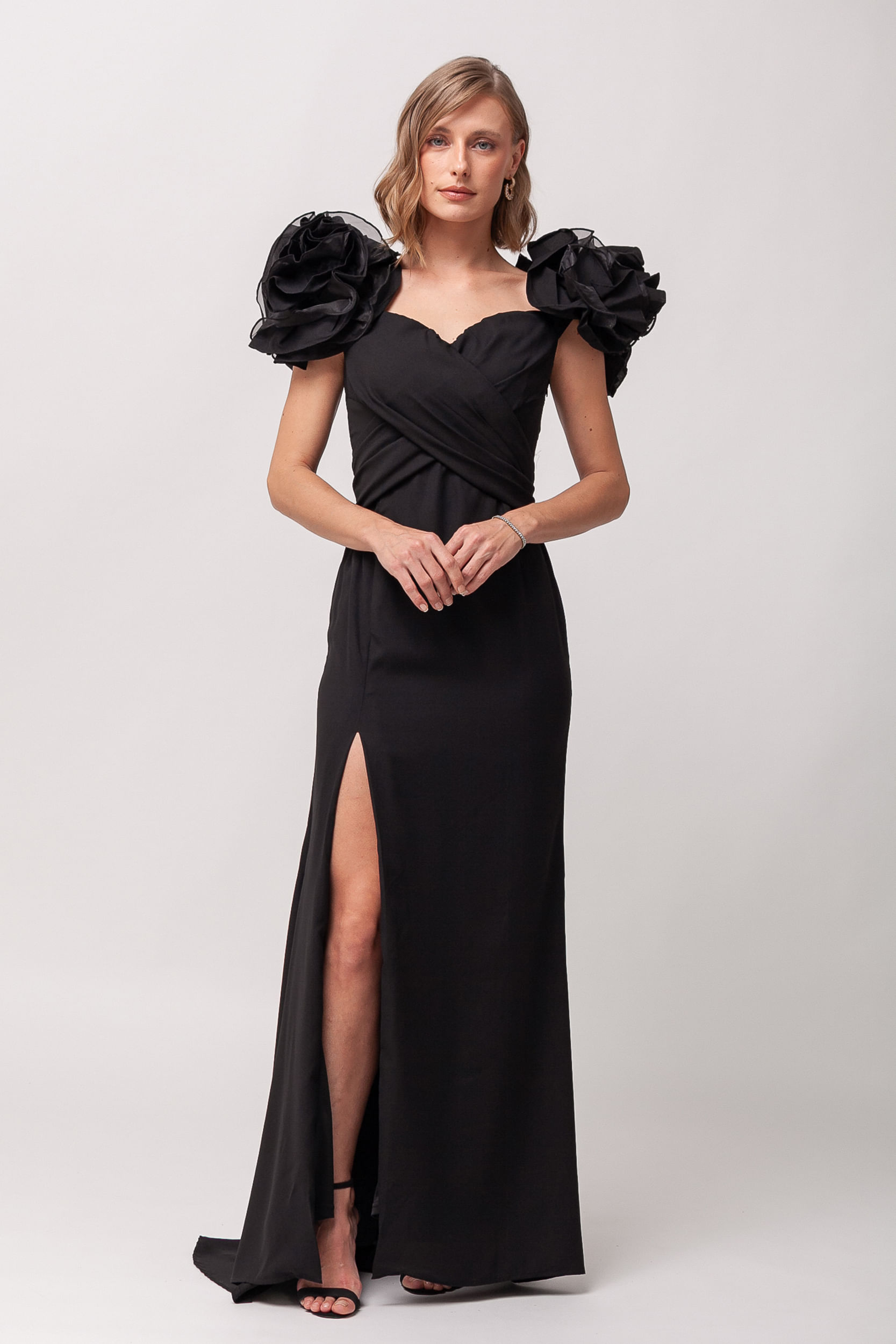 9035980 - Vestido Festa Manga Babados Fenda PRETO