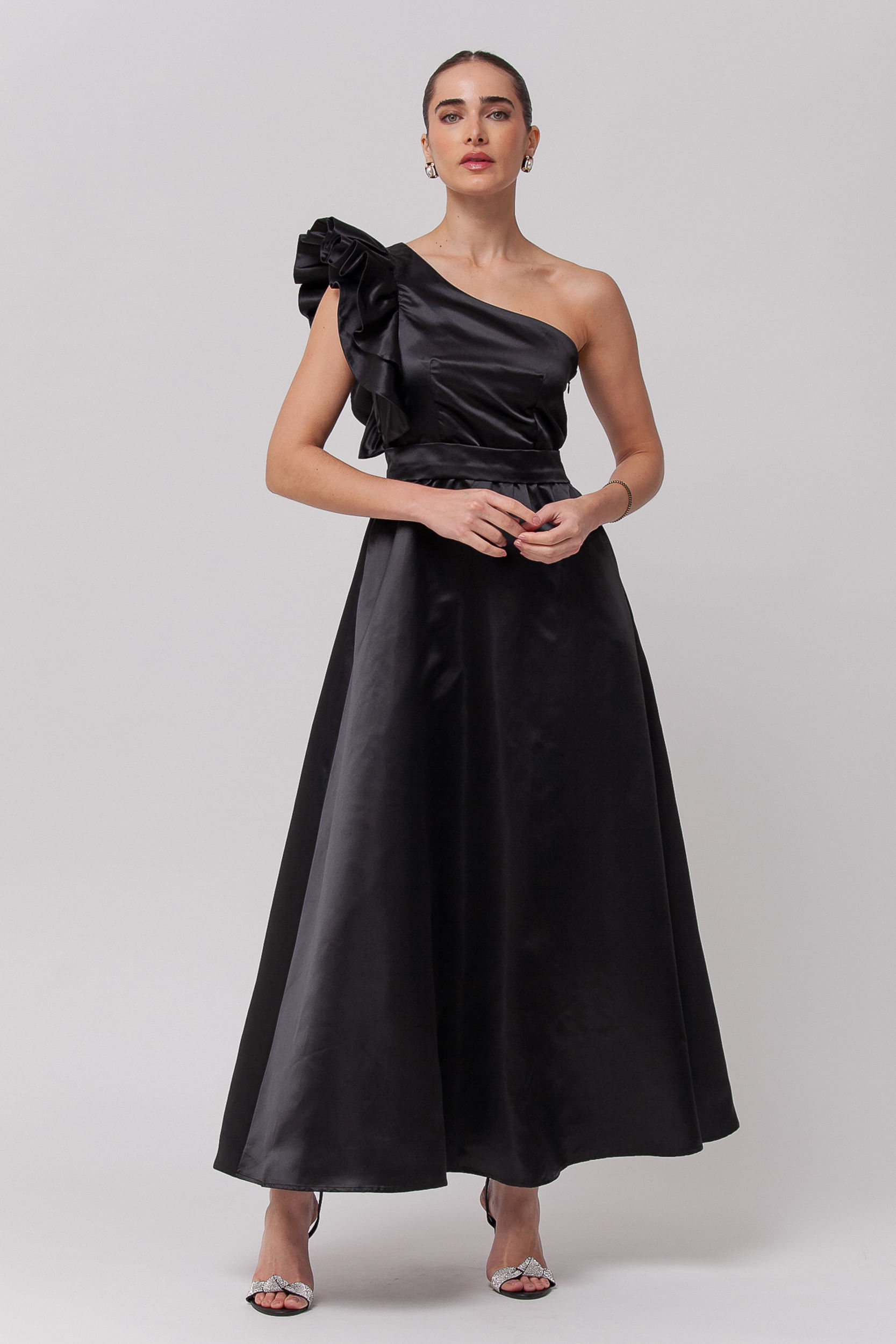 9035730 - Vestido Festa Midi Manga Babados PRETO