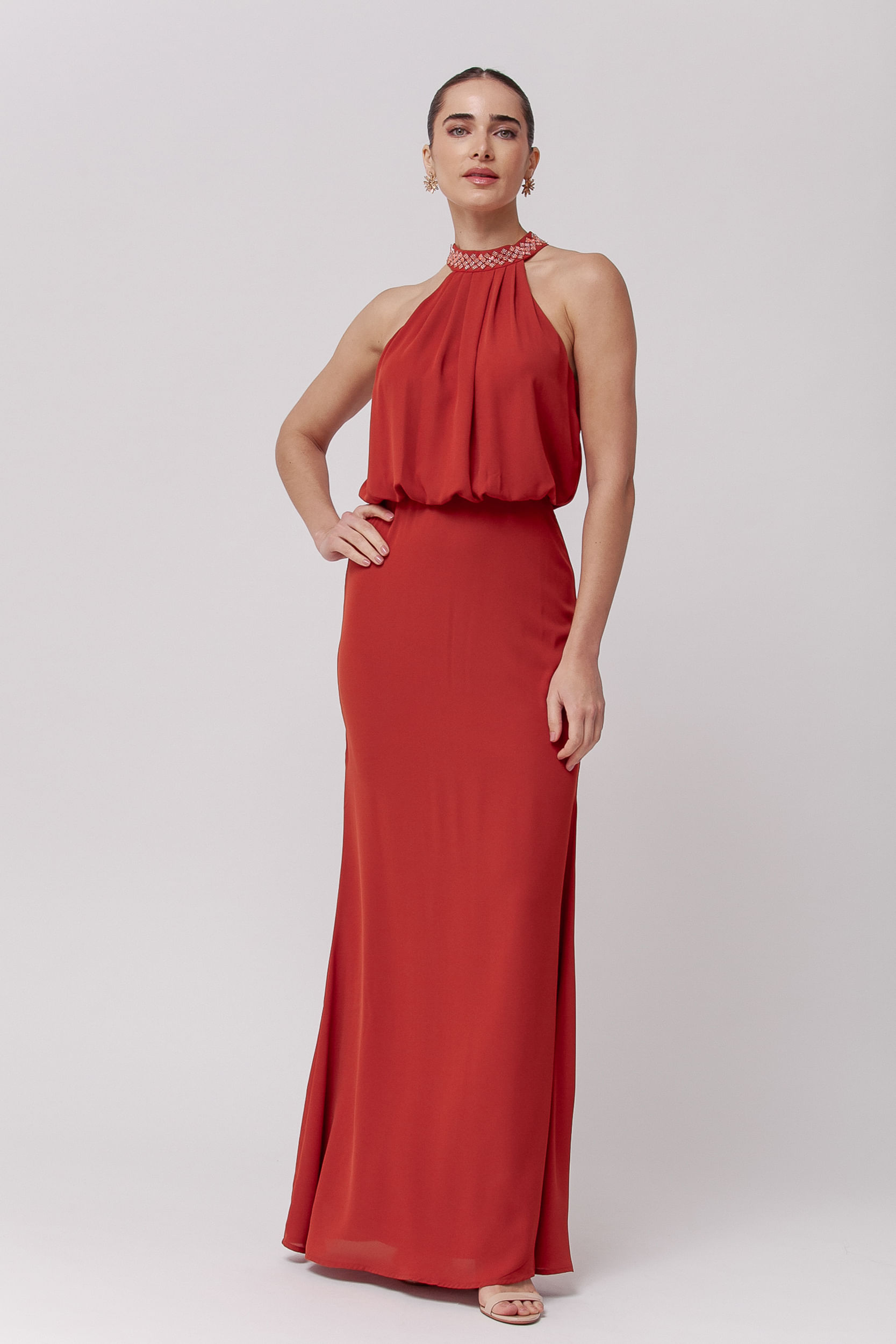 9035734 - Vestido Longo Festa Gola Brilhante Pedraria  TERRACOTA