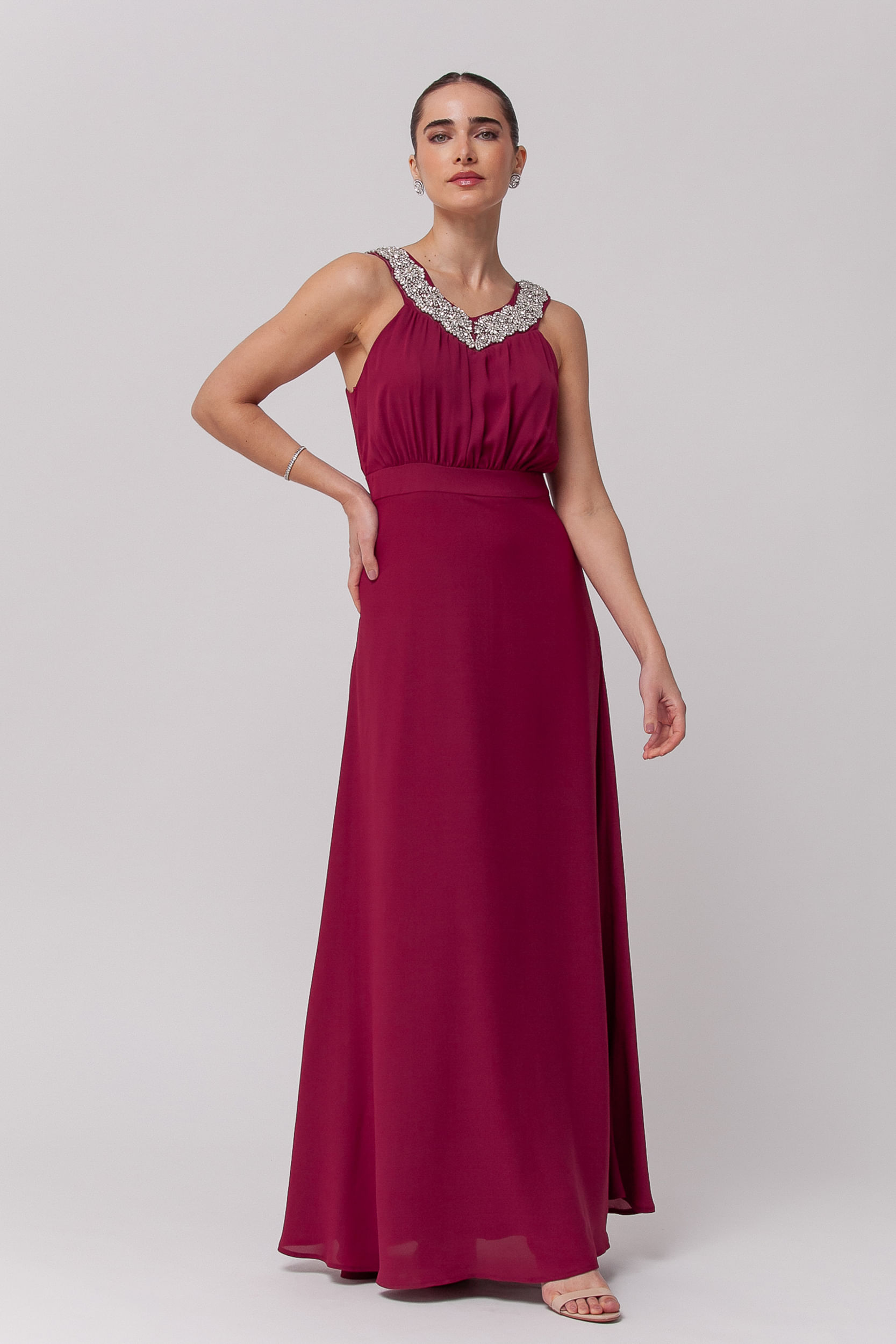 9035728 - Vestido Longo Festa com Gola Brilhante  VINHO