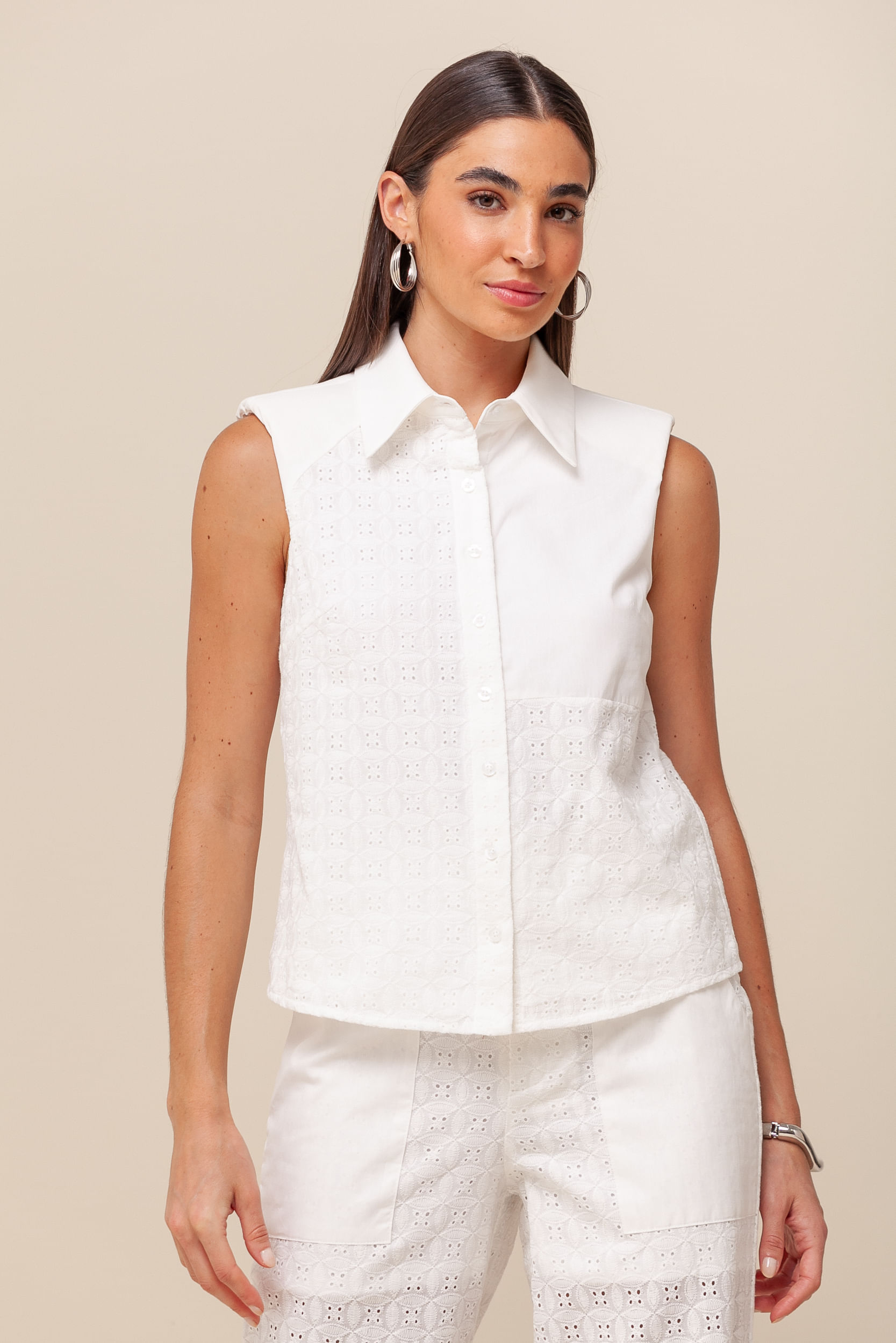 Camisa Sem Mangas Laise com Detalhe de Bolso BRANCO