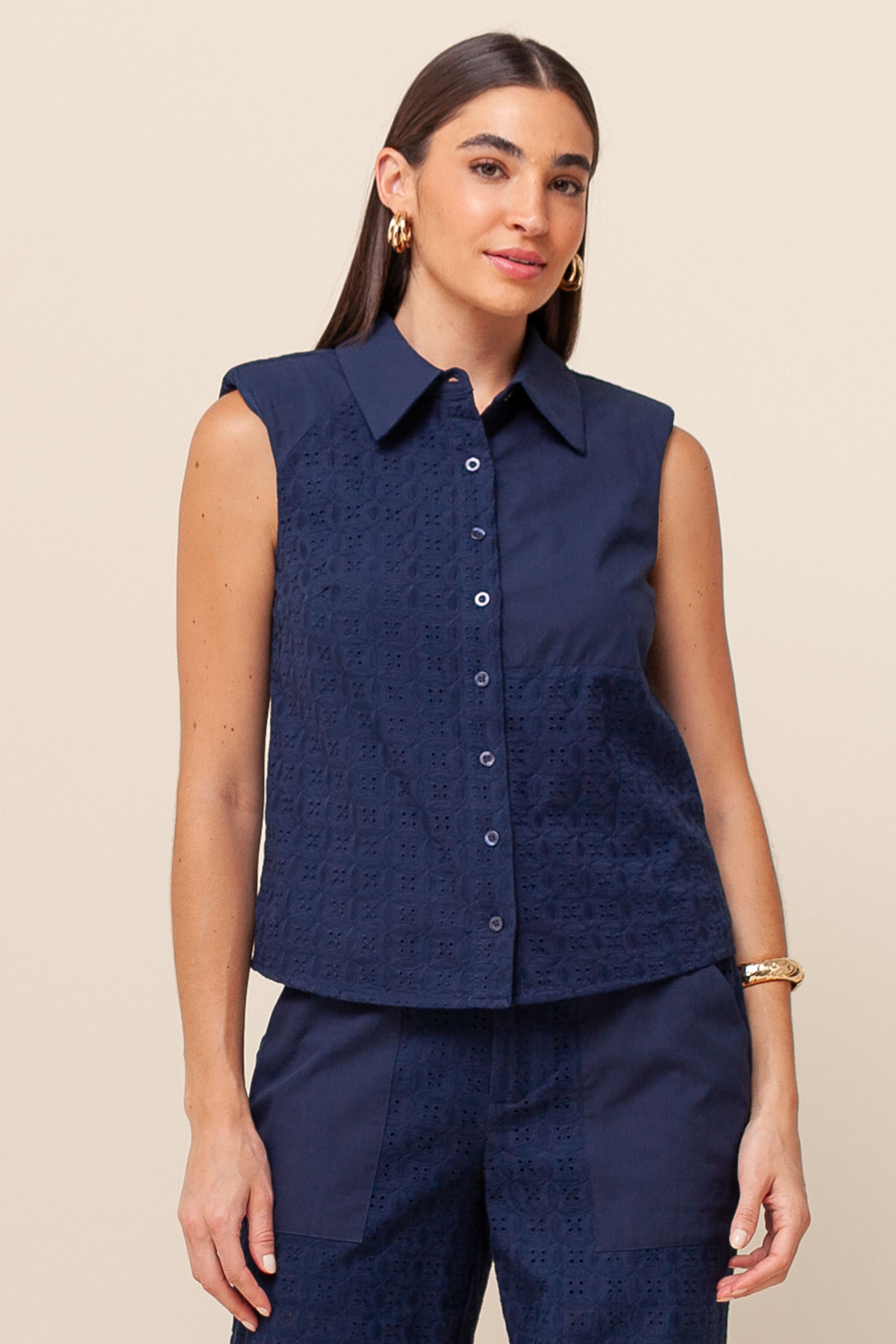 Camisa Sem Mangas Laise com Detalhe de Bolso MARINHO 