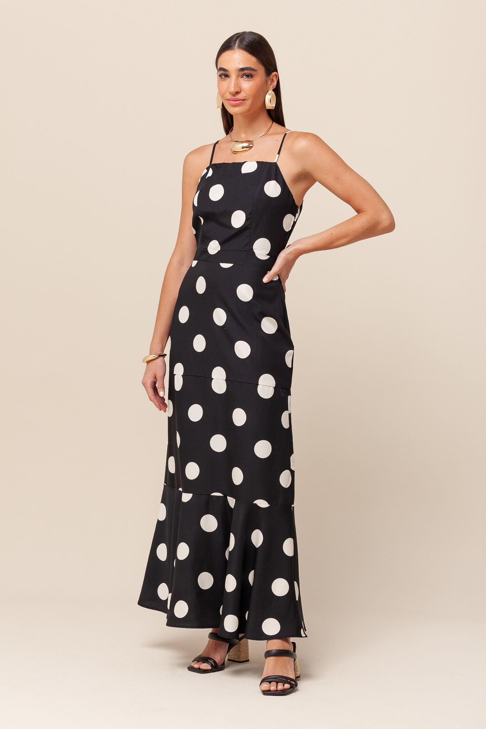 Vestido Midi Viscolinho Poá PRETO