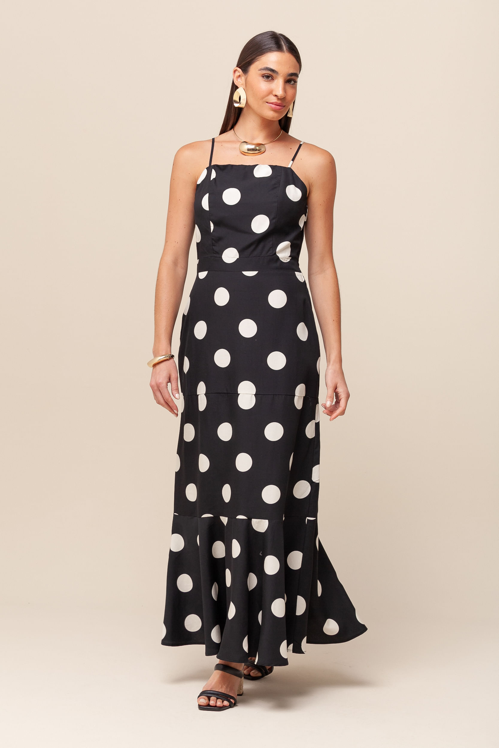 Vestido Midi Viscolinho Poá PRETO