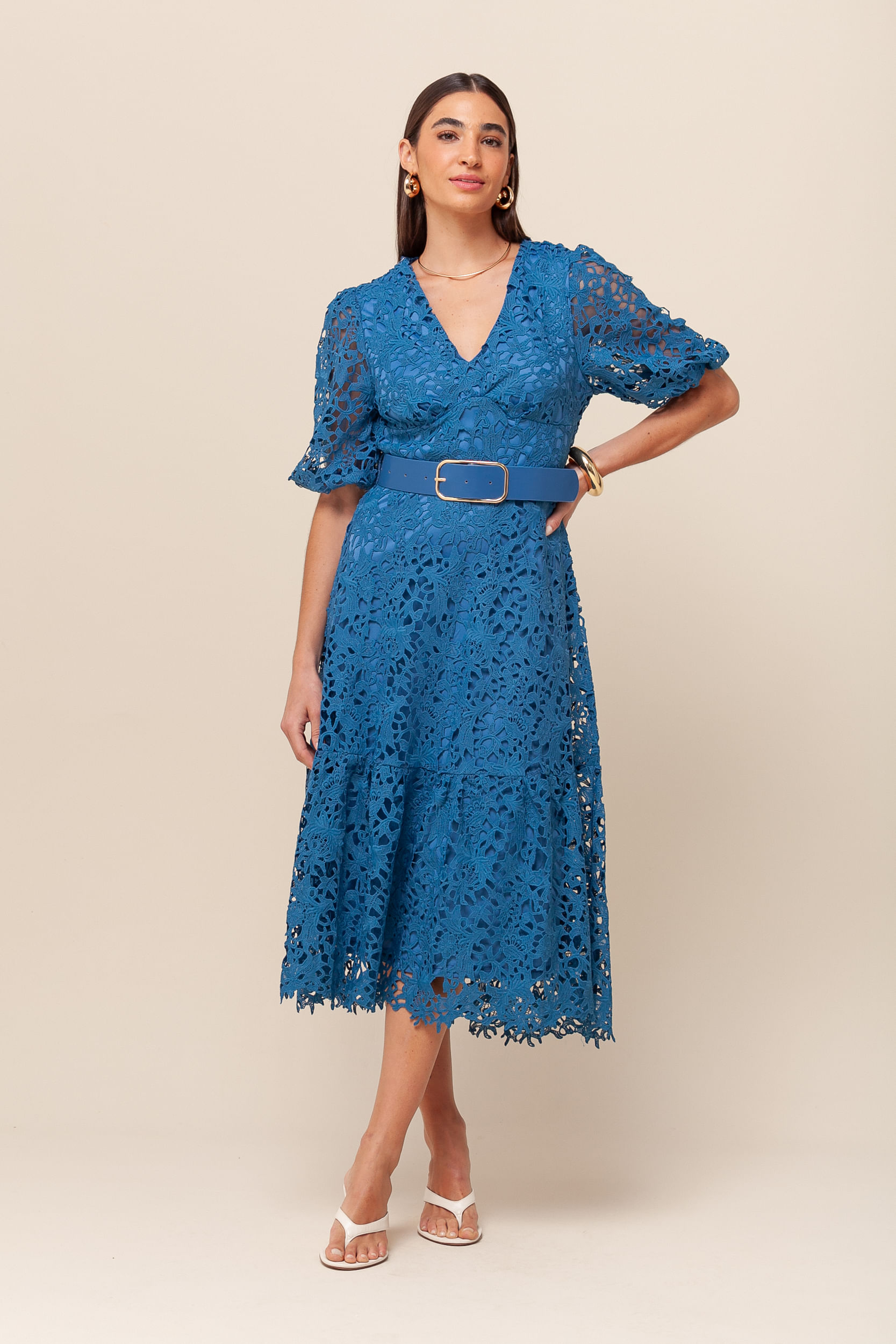 9036306 - Vestido Guipir Manga Princesa  AZUL