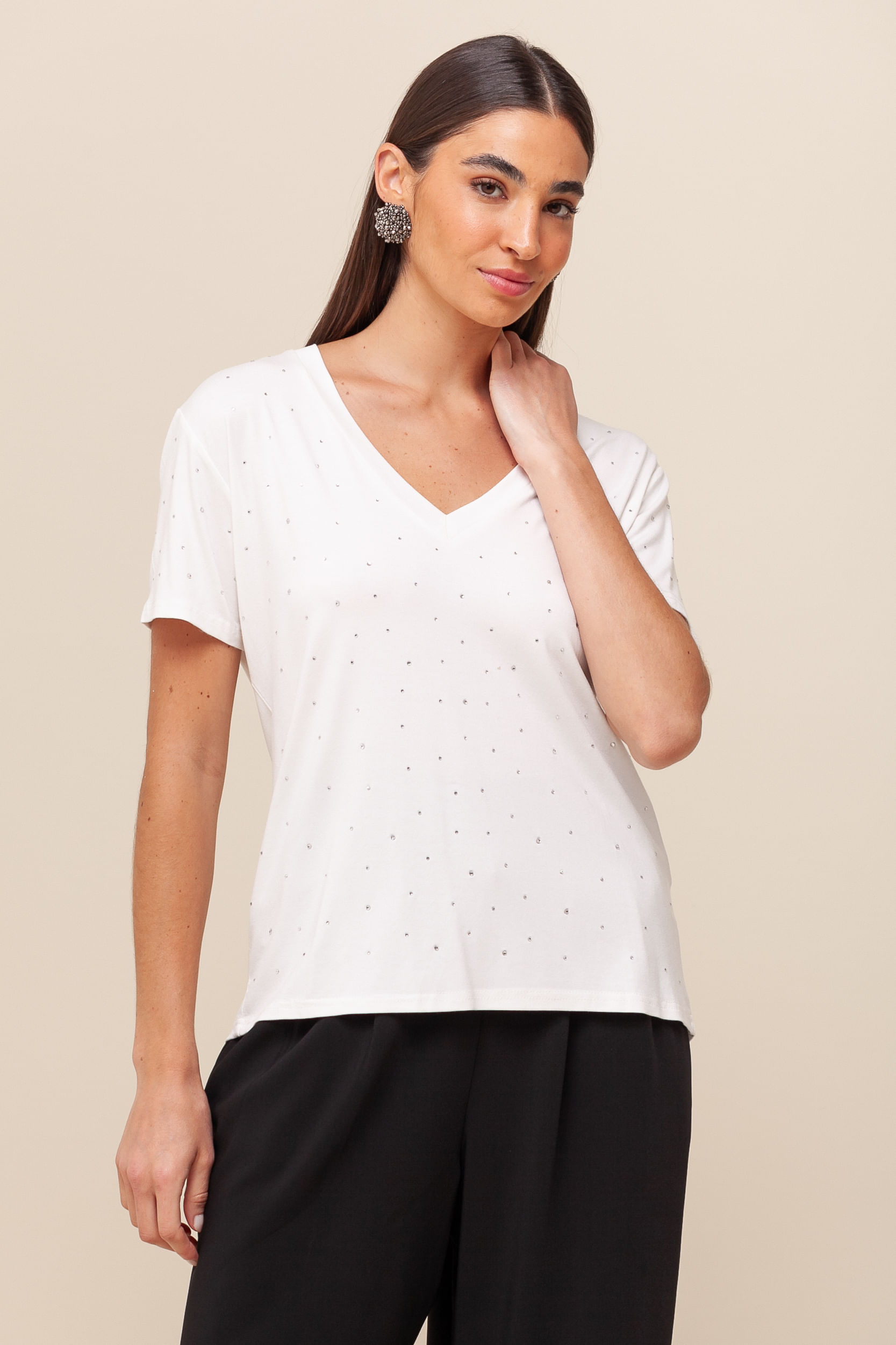 9036439 - Blusa Brilhos Decote V  OFF-WHITE