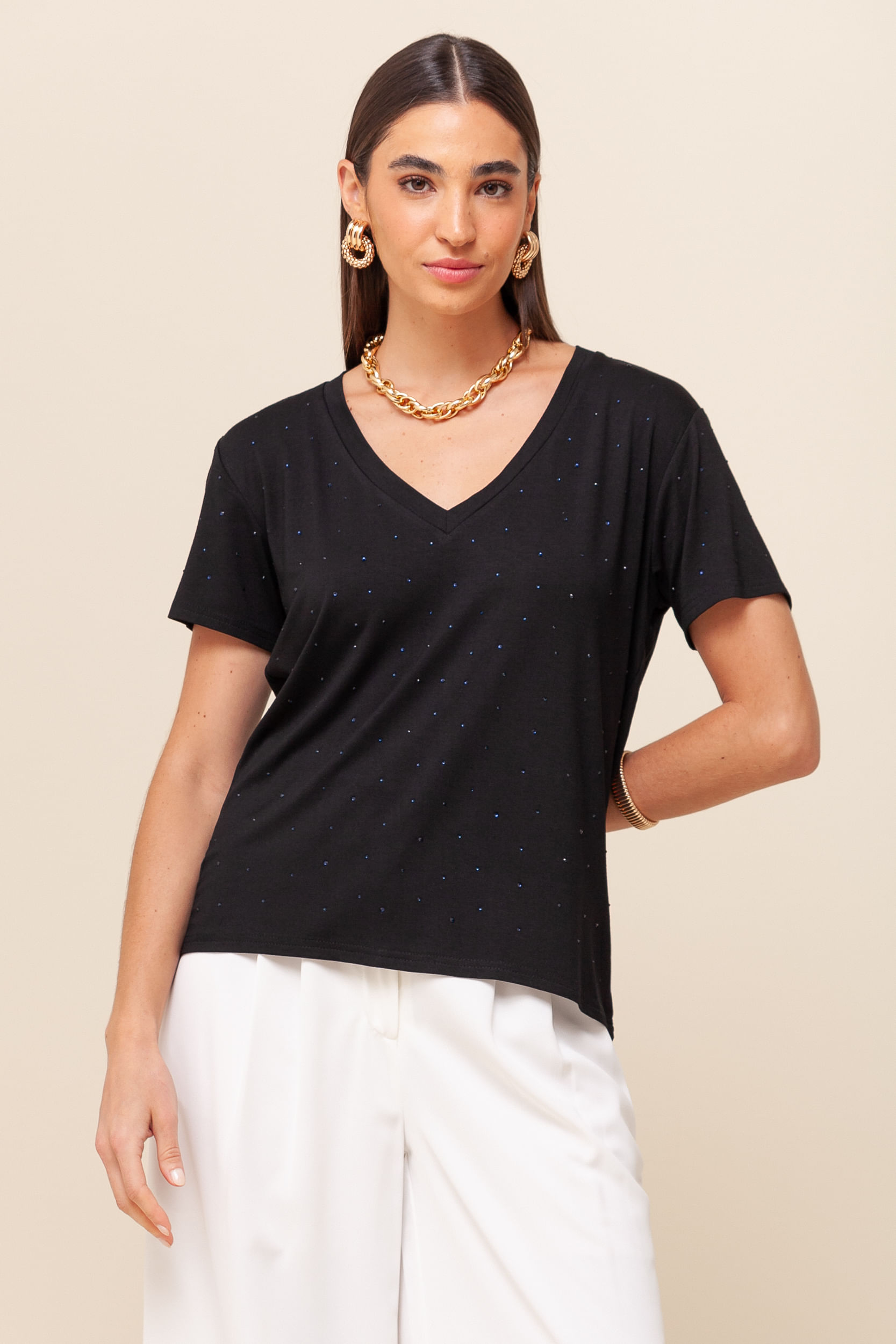 9036439 - Blusa Brilhos Decote V PRETO 9036439 - Blusa Brilhos Decote V PRETO